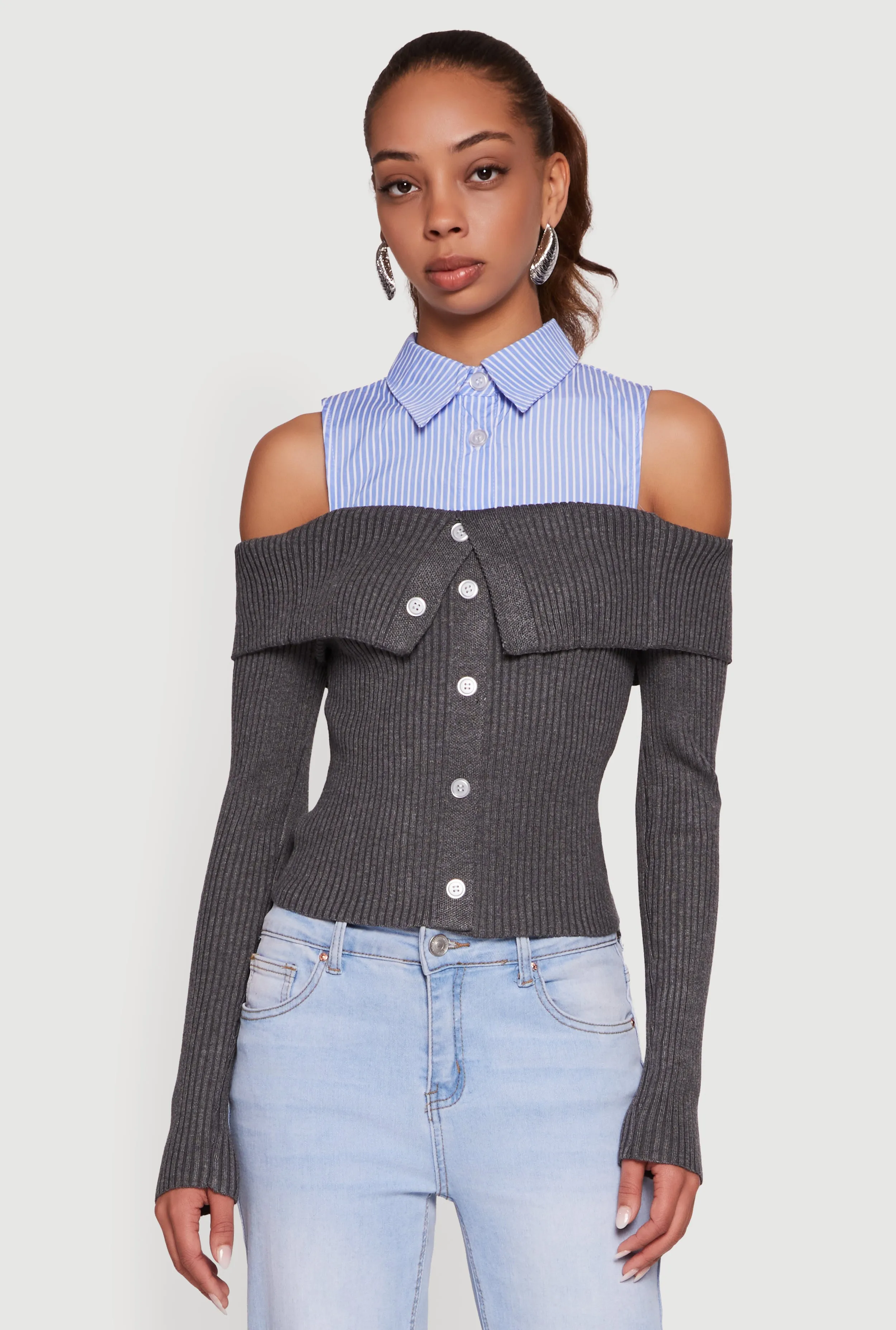 Cold Shoulder Fold Over Layered Look Sweater sold by Rainbow product image thumbnail 2