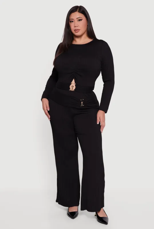 Plus Size High Waisted Metallic O Ring Flare Pants sold by Rainbow