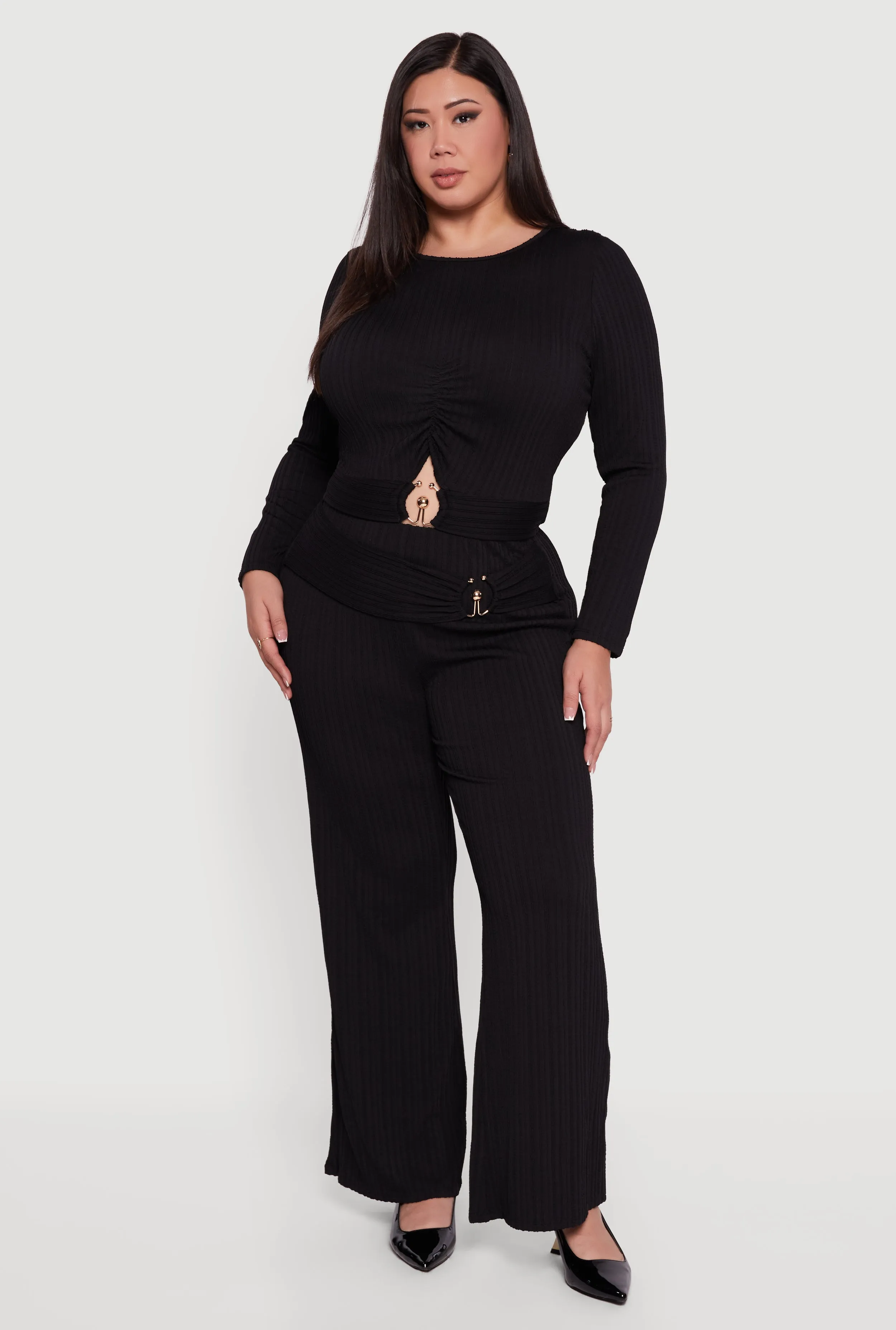 Plus Size High Waisted Metallic O Ring Flare Pants sold by Rainbow