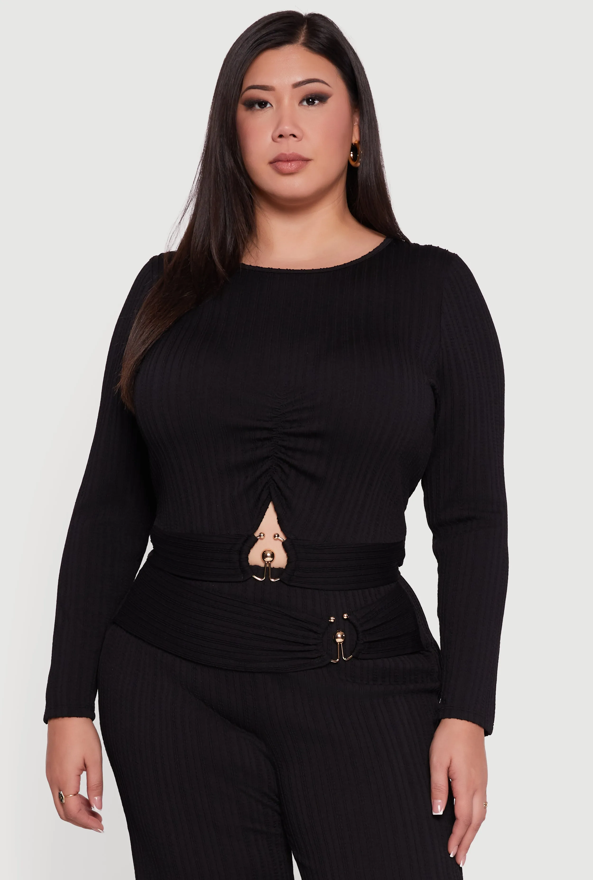 Plus Size Rib Knit Metallic O Ring Keyhole Detail Top sold by Rainbow