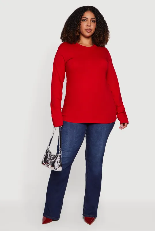 Plus Size Solid Long Sleeve Crew Neck Tee sold by Rainbow