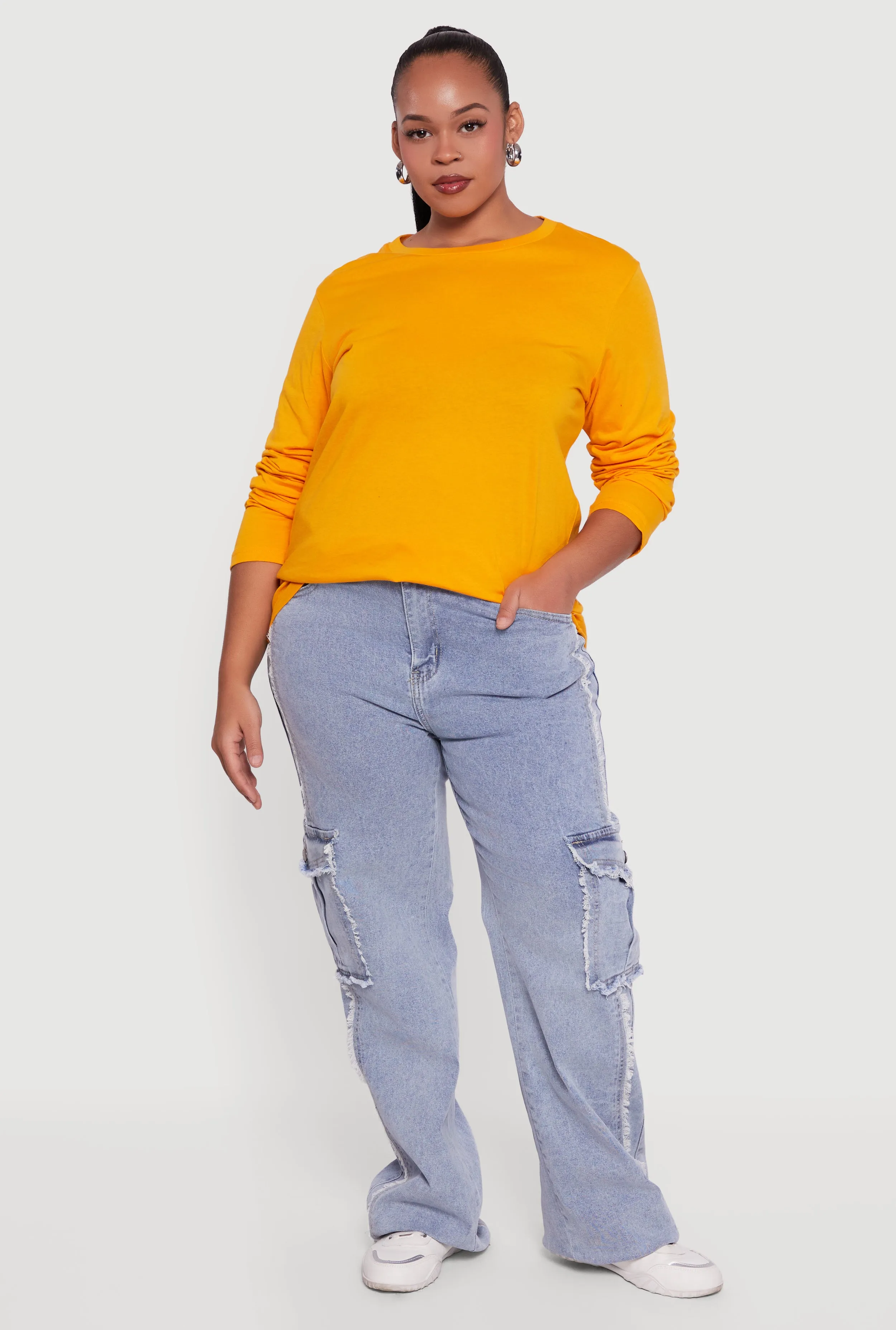 Plus Size Solid Long Sleeve Crew Neck Tee sold by Rainbow