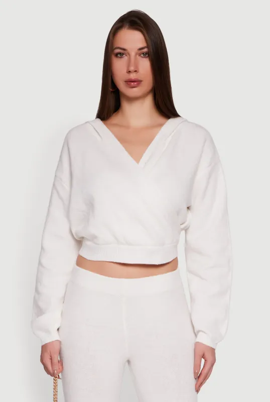 Almost Famous Brushed Knit Cropped Faux Wrap Sweater Hoodie sold by Rainbow