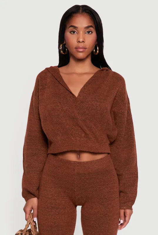 Almost Famous Brushed Knit Cropped Faux Wrap Sweater Hoodie sold by Rainbow