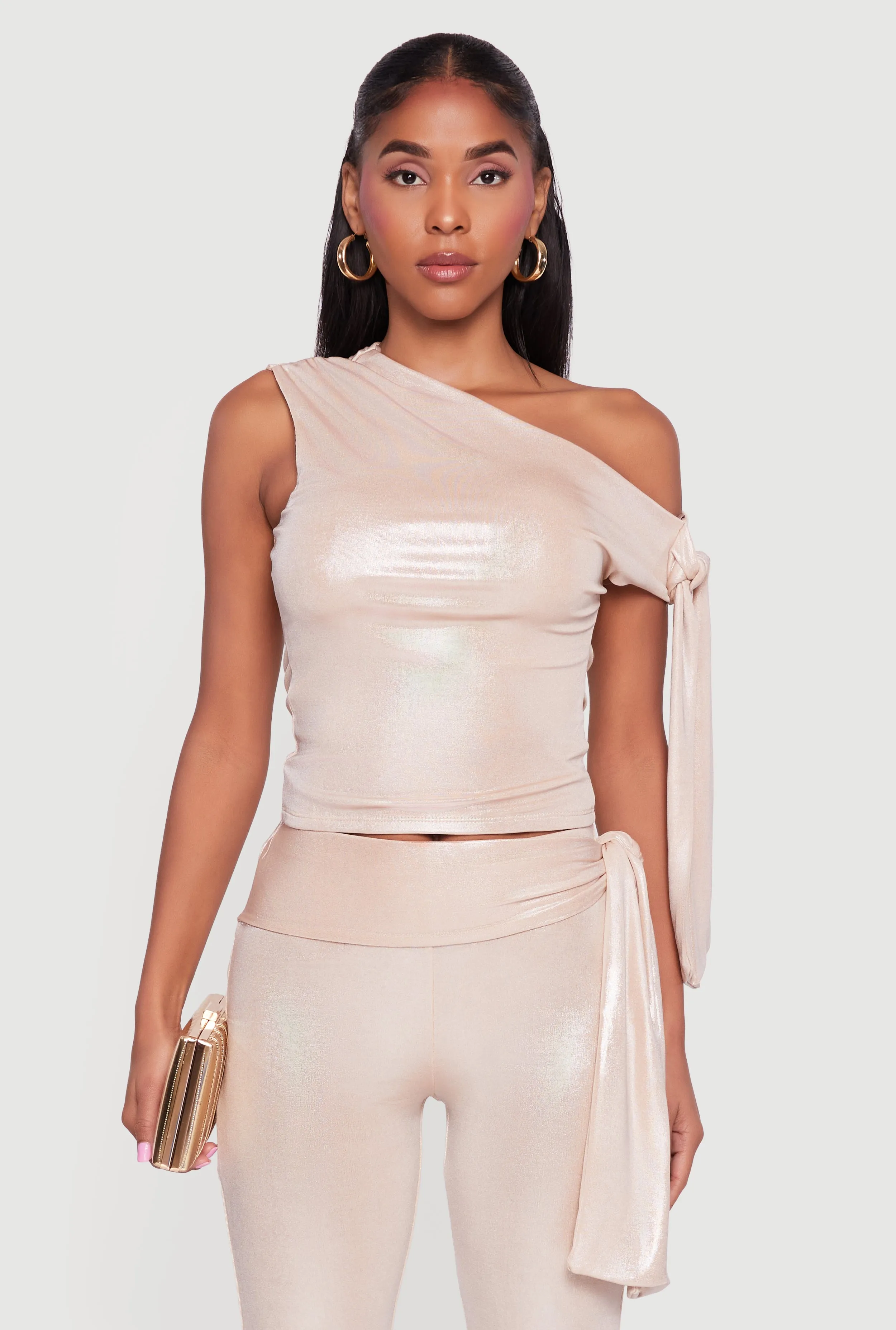 Metallic Knot Strap One Shoulder Top sold by Rainbow
