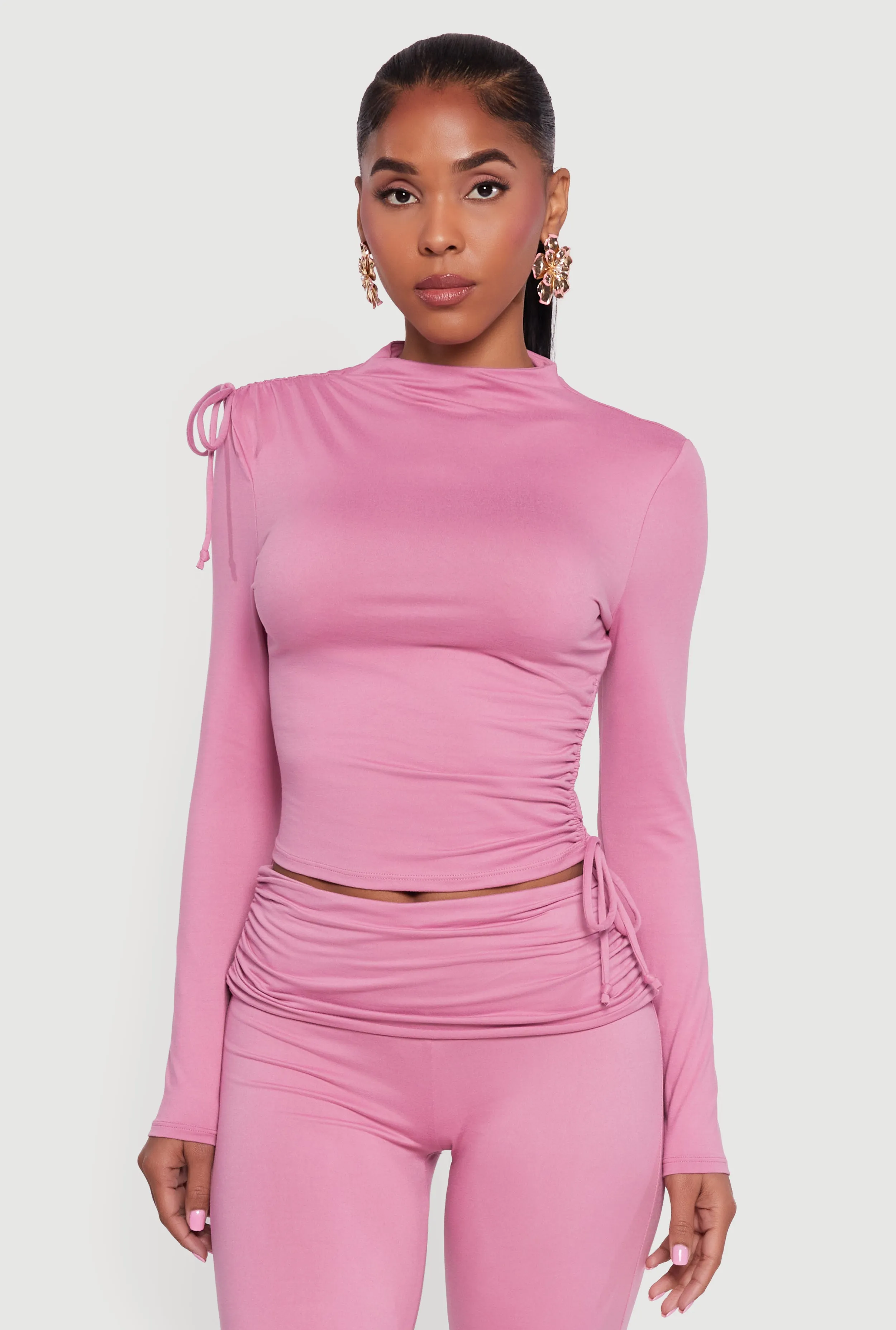 Soft Knit Asymmetrical Drawstring Side Top sold by Rainbow