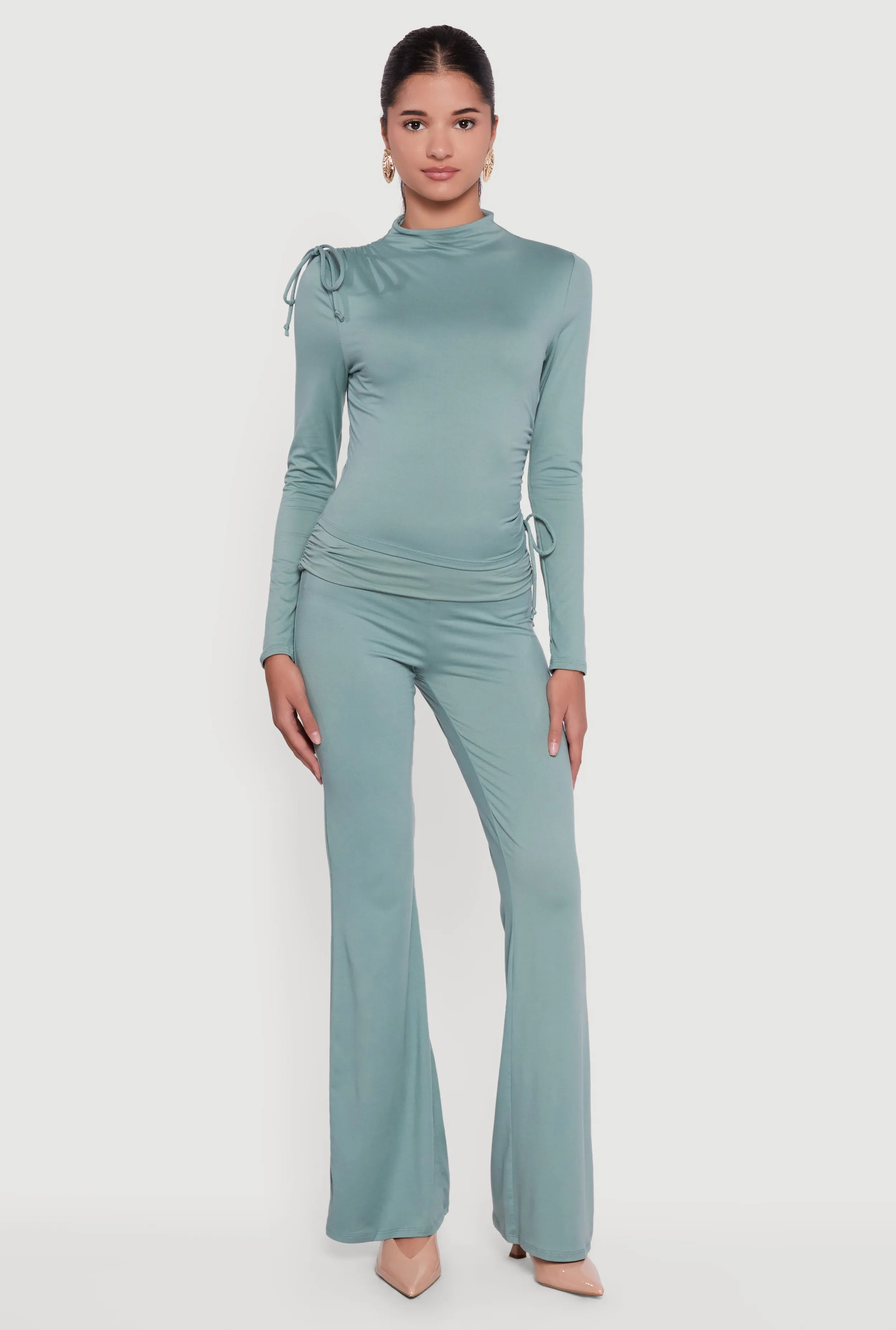 Soft Knit Ruched Fold Over Flare Pants sold by Rainbow