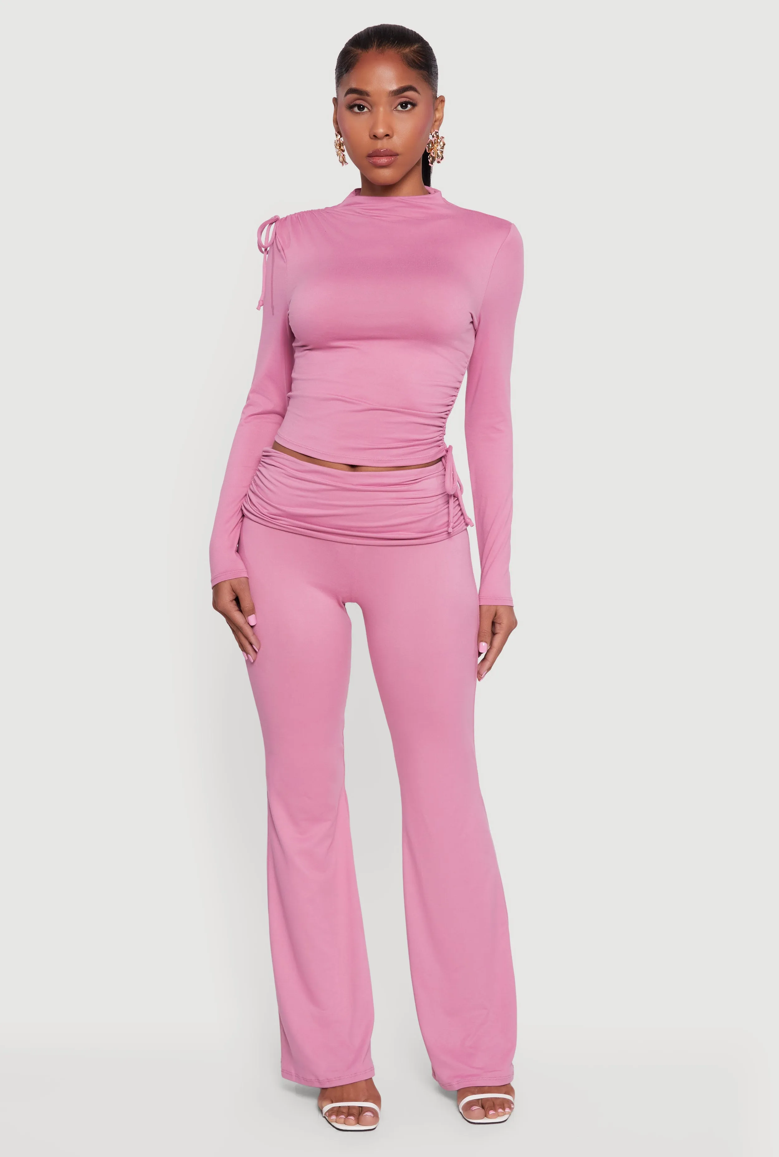 Soft Knit Ruched Fold Over Flare Pants sold by Rainbow