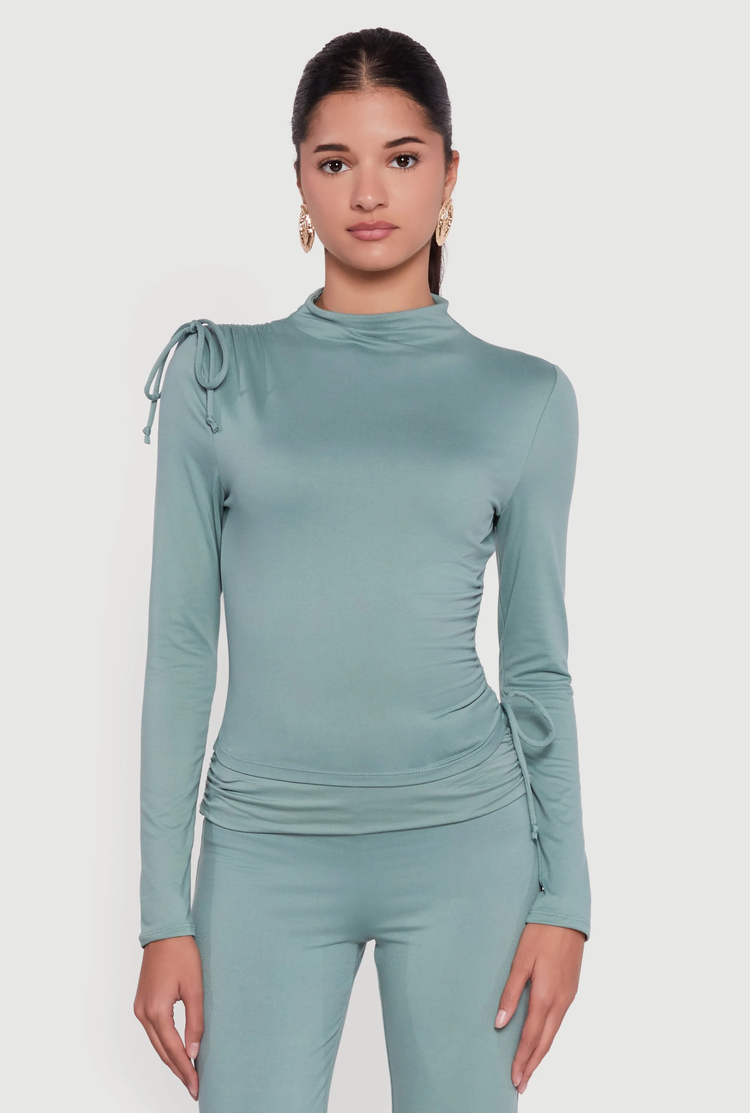 Soft Knit Asymmetrical Drawstring Side Top sold by Rainbow