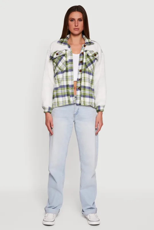 Plaid Color Block Sherpa Button Front Shacket sold by Rainbow
