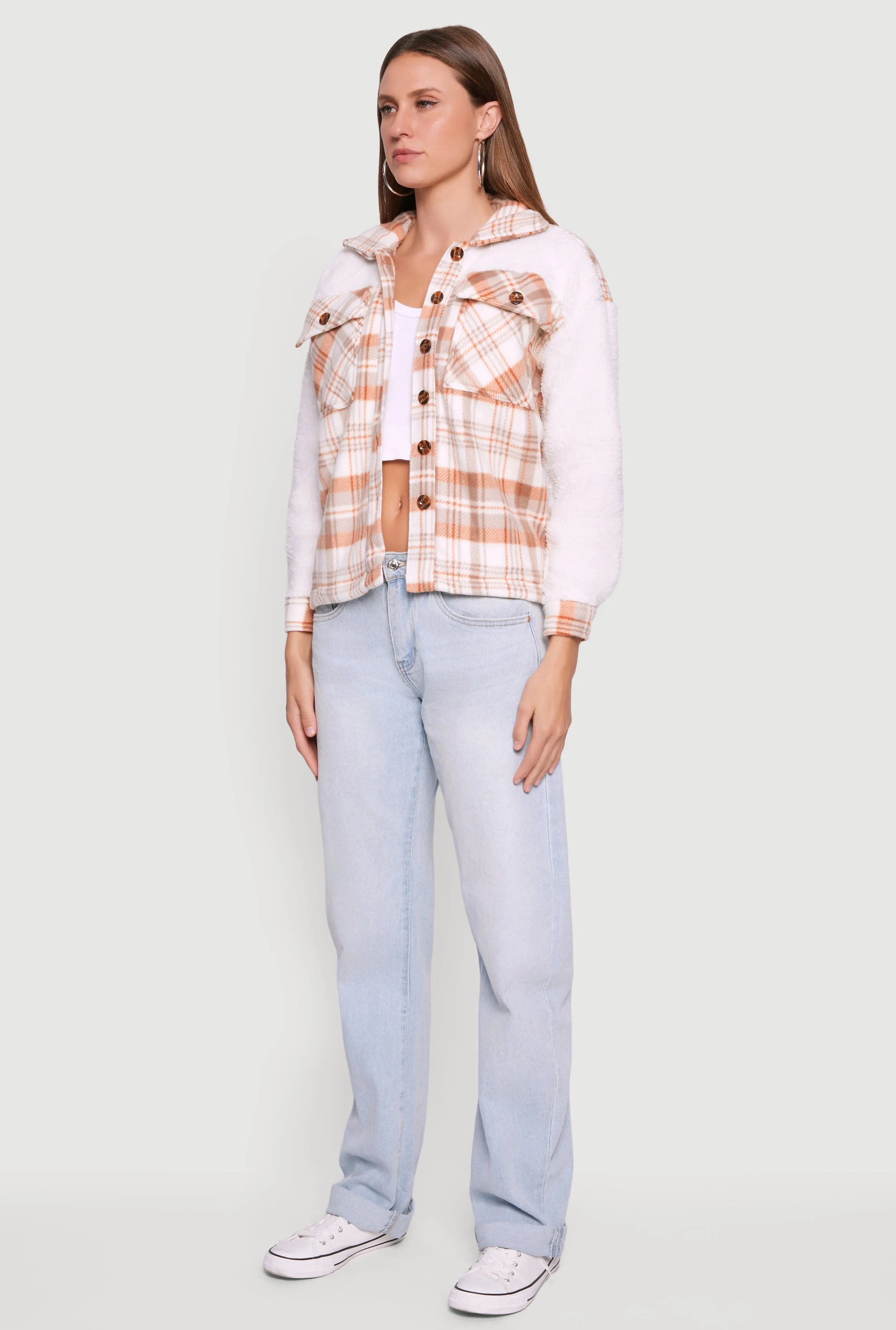 Plaid Color Block Sherpa Button Front Shacket sold by Rainbow product image thumbnail 5