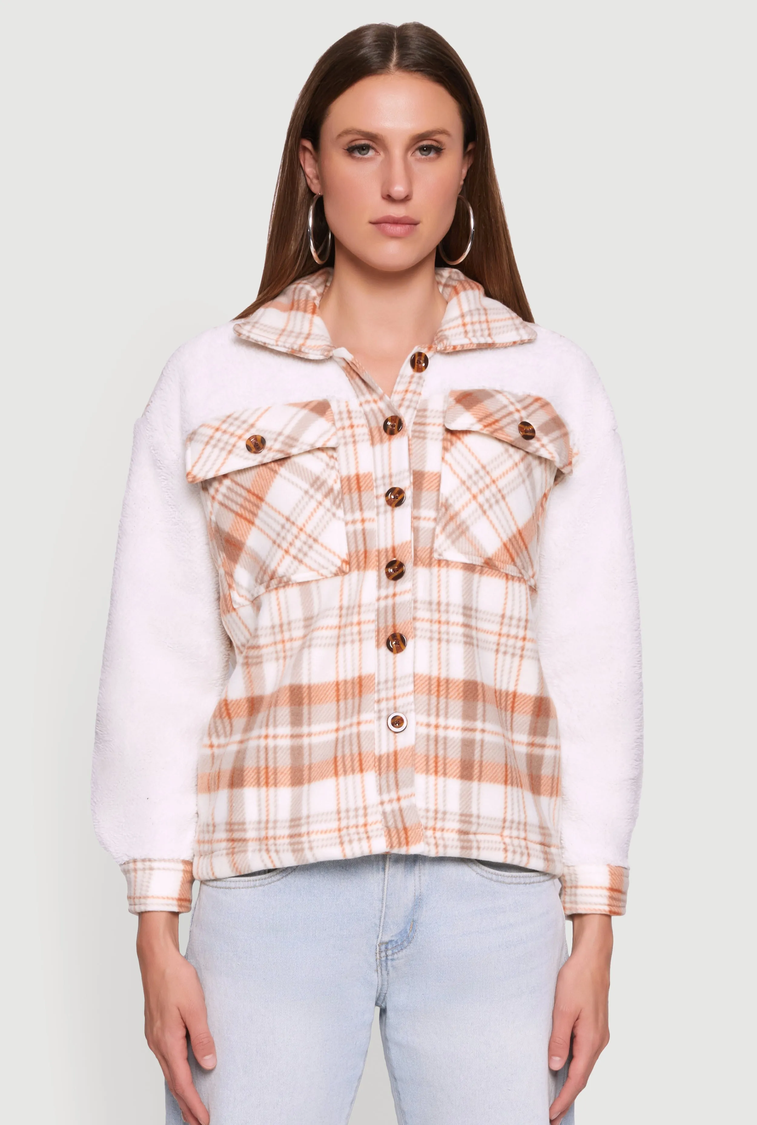Plaid Color Block Sherpa Button Front Shacket sold by Rainbow product image thumbnail 2