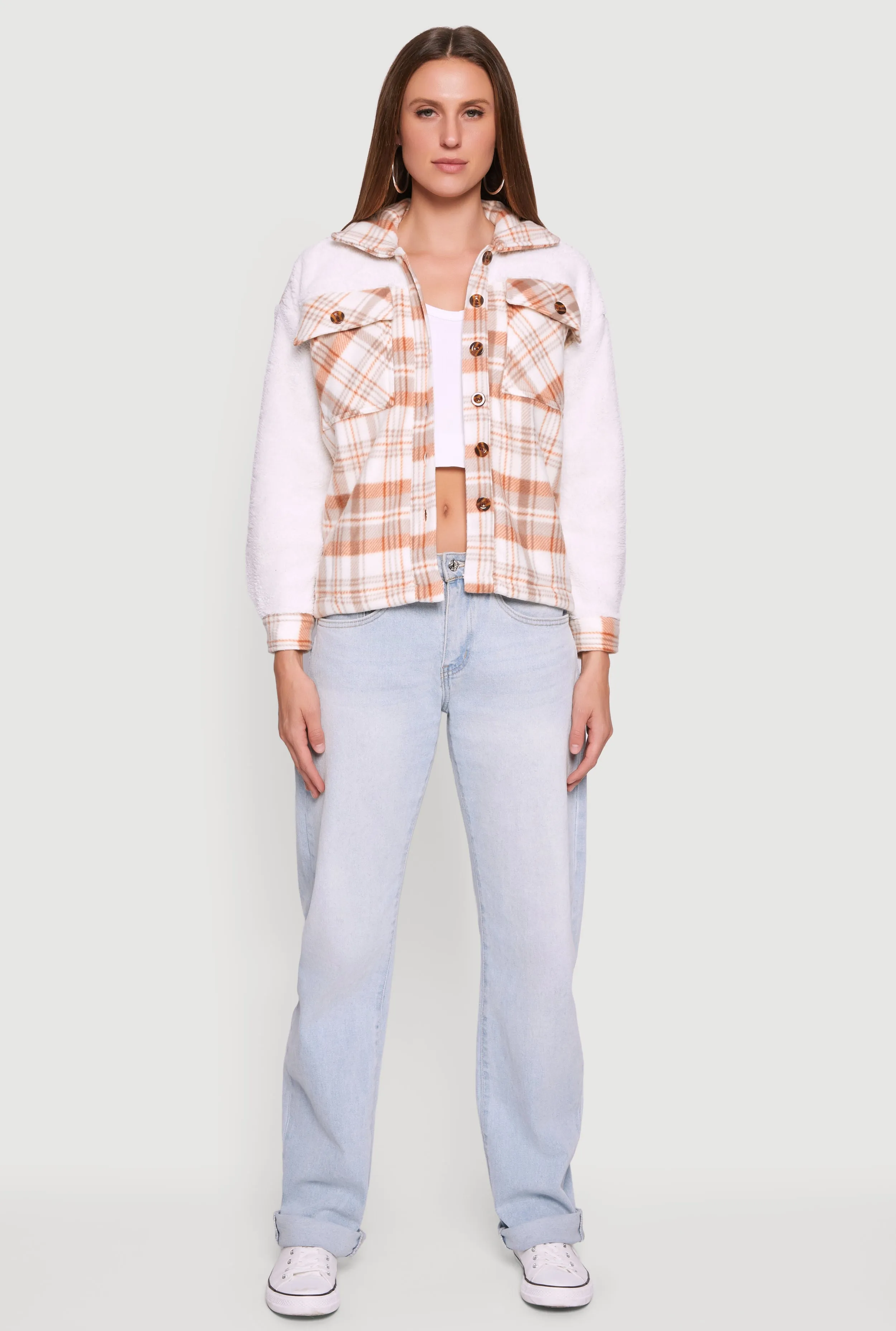 Plaid Color Block Sherpa Button Front Shacket sold by Rainbow product image thumbnail 3