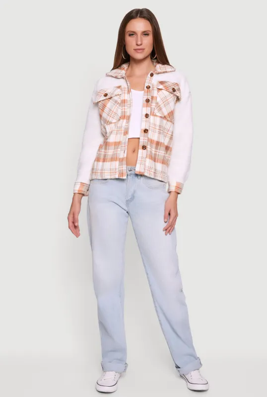 Plaid Color Block Sherpa Button Front Shacket sold by Rainbow