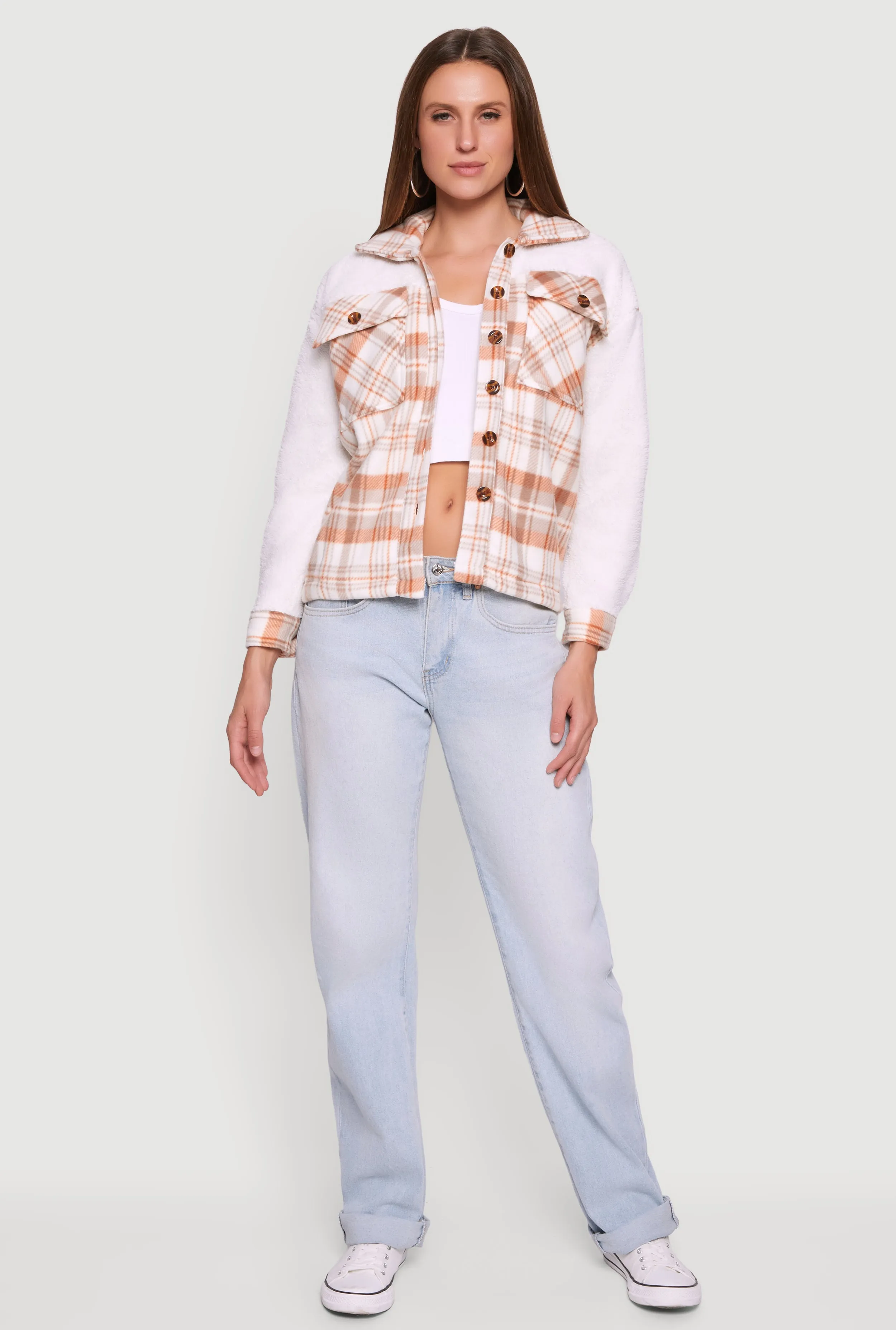 Plaid Color Block Sherpa Button Front Shacket sold by Rainbow