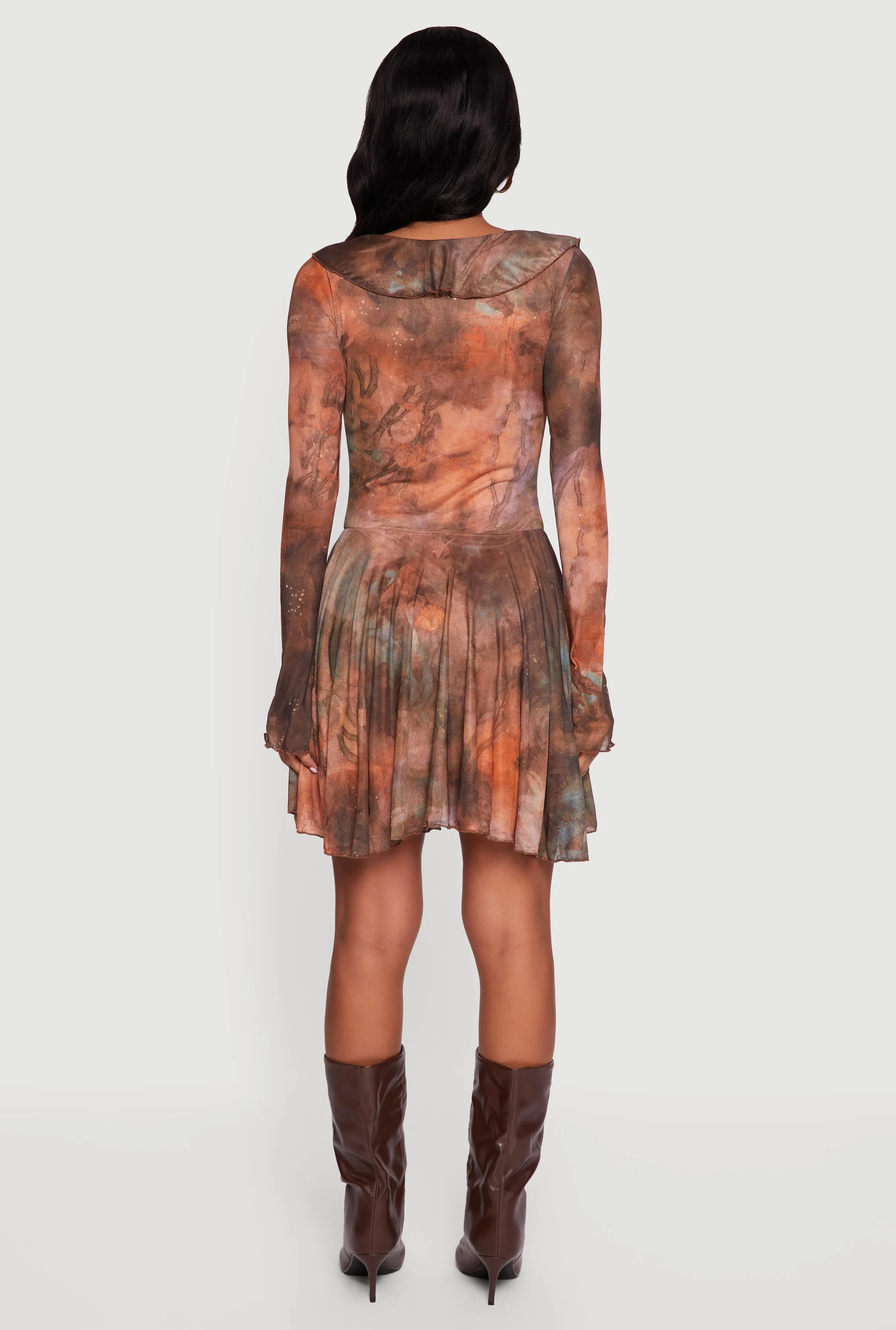 Printed Pattern Lace Up Ruffle Detail Mesh Dress sold by Rainbow product image thumbnail 5