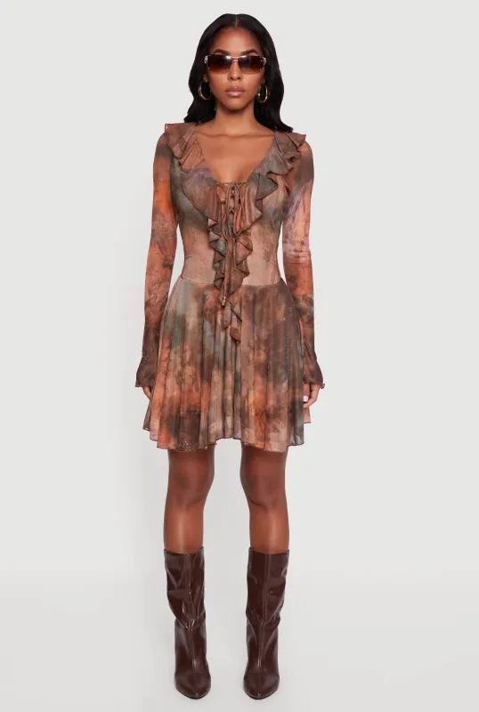 Printed Pattern Lace Up Ruffle Detail Mesh Dress sold by Rainbow