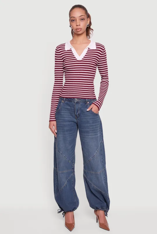 Striped Rib Knit Long Sleeve Polo Sweater sold by Rainbow