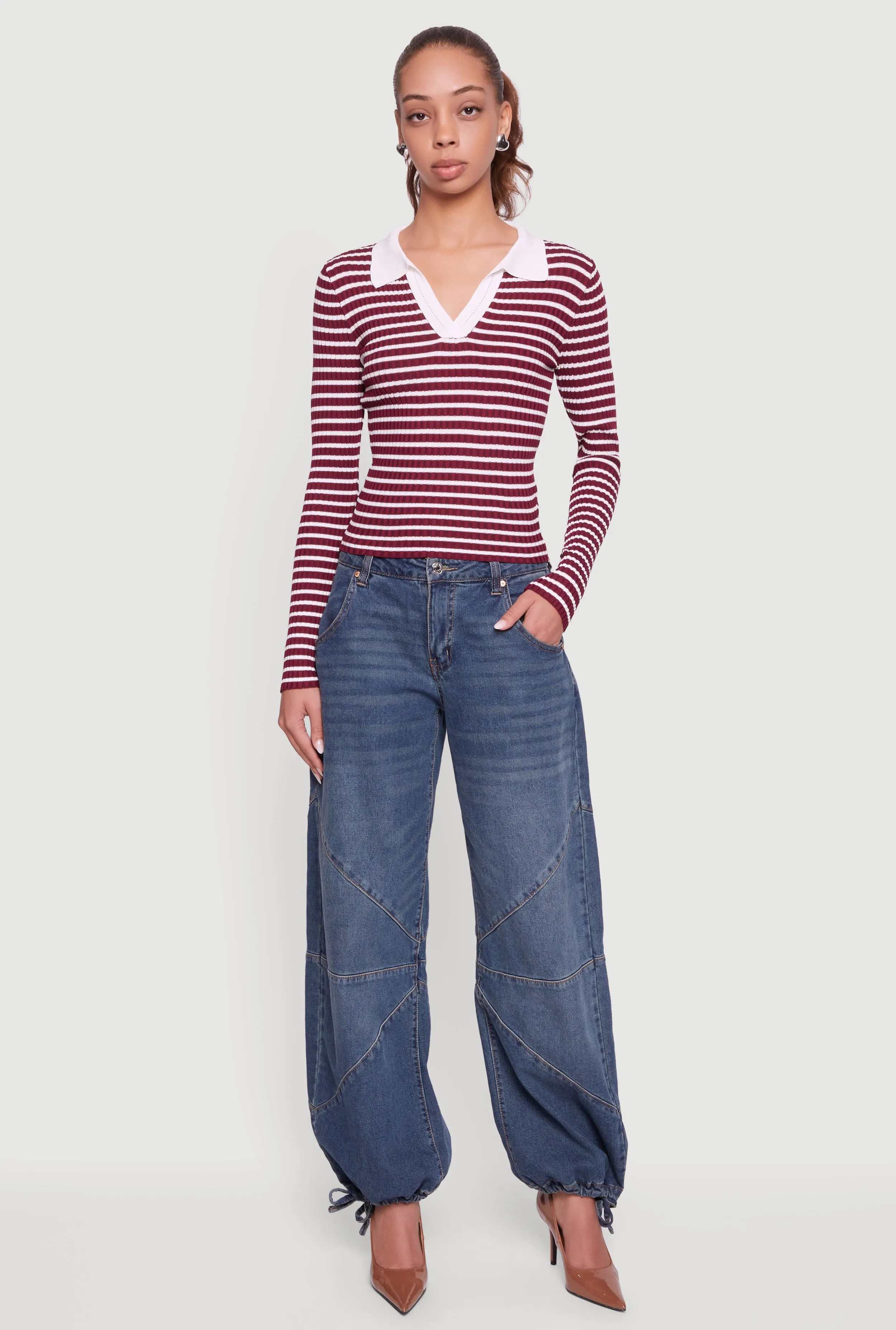Striped Rib Knit Long Sleeve Polo Sweater sold by Rainbow