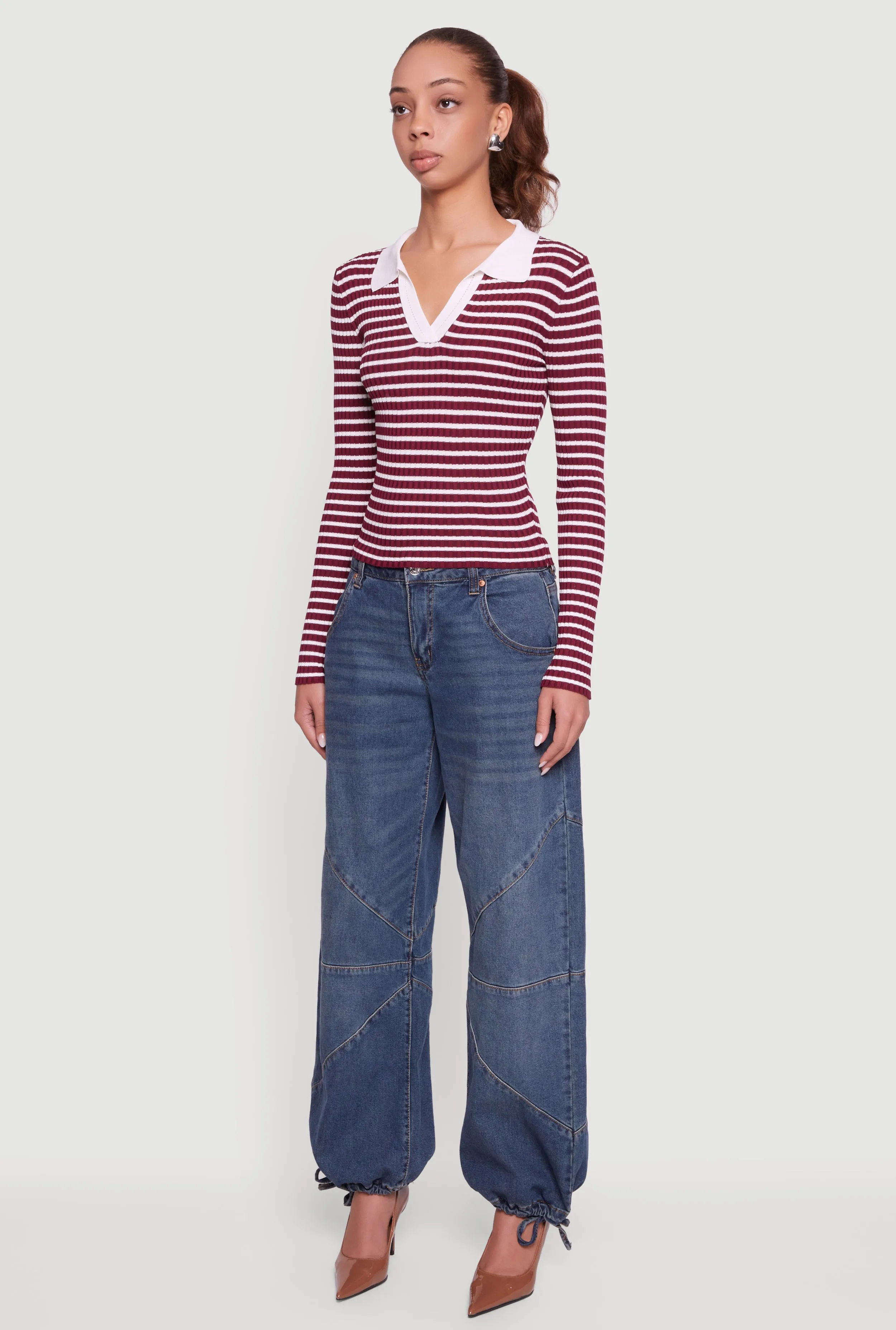 Striped Rib Knit Long Sleeve Polo Sweater sold by Rainbow product image thumbnail 5
