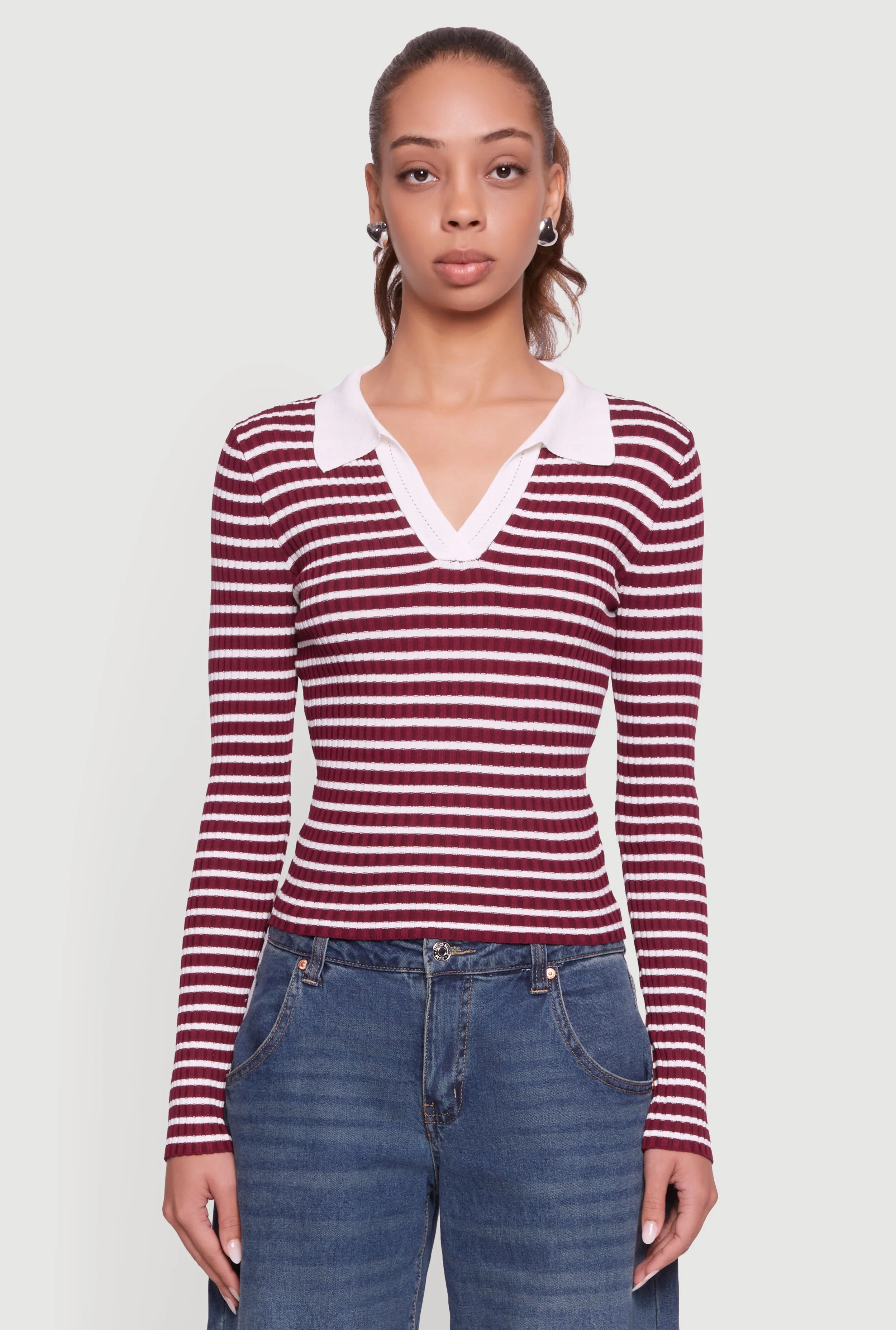 Striped Rib Knit Long Sleeve Polo Sweater sold by Rainbow product image thumbnail 2