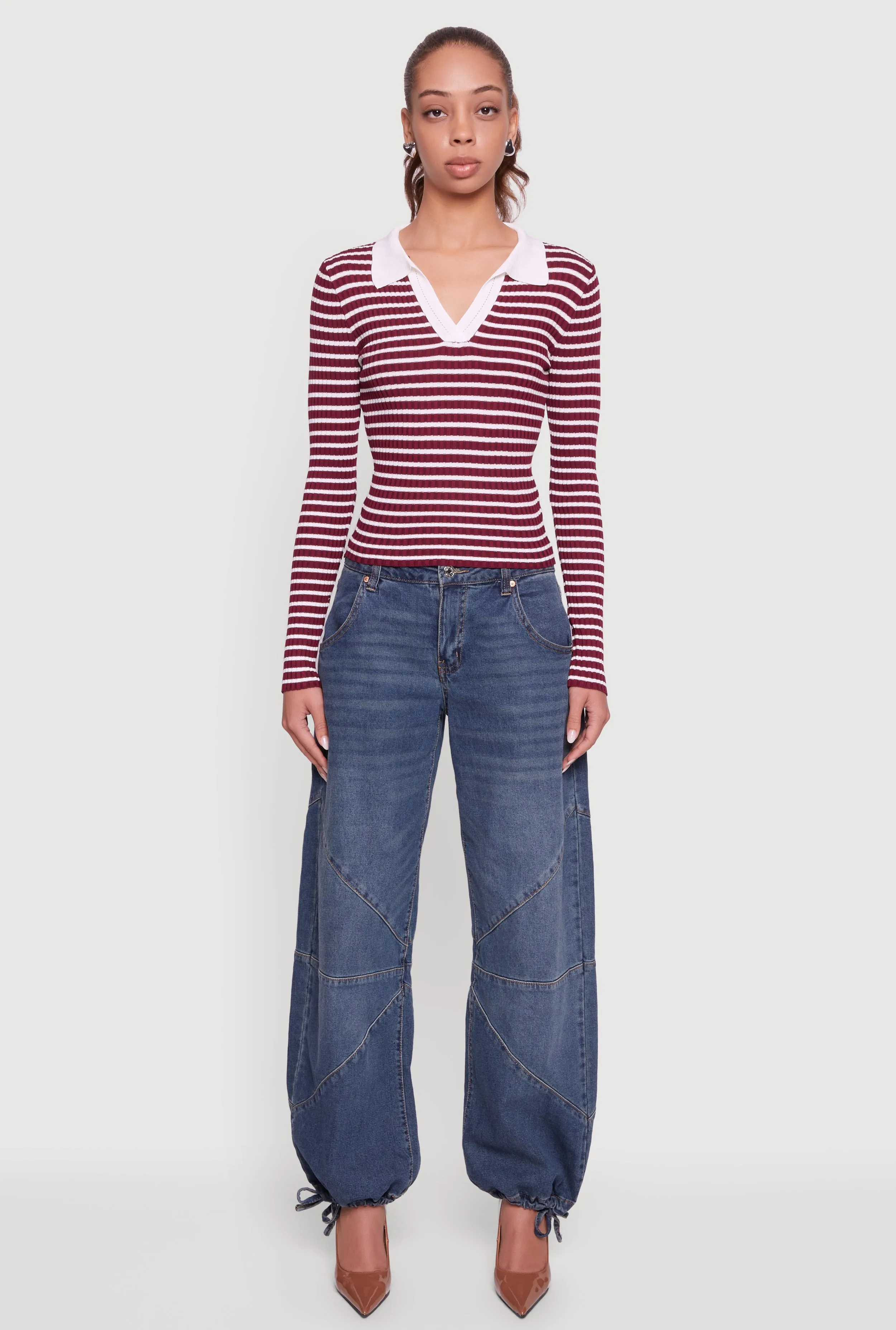 Striped Rib Knit Long Sleeve Polo Sweater sold by Rainbow product image thumbnail 3