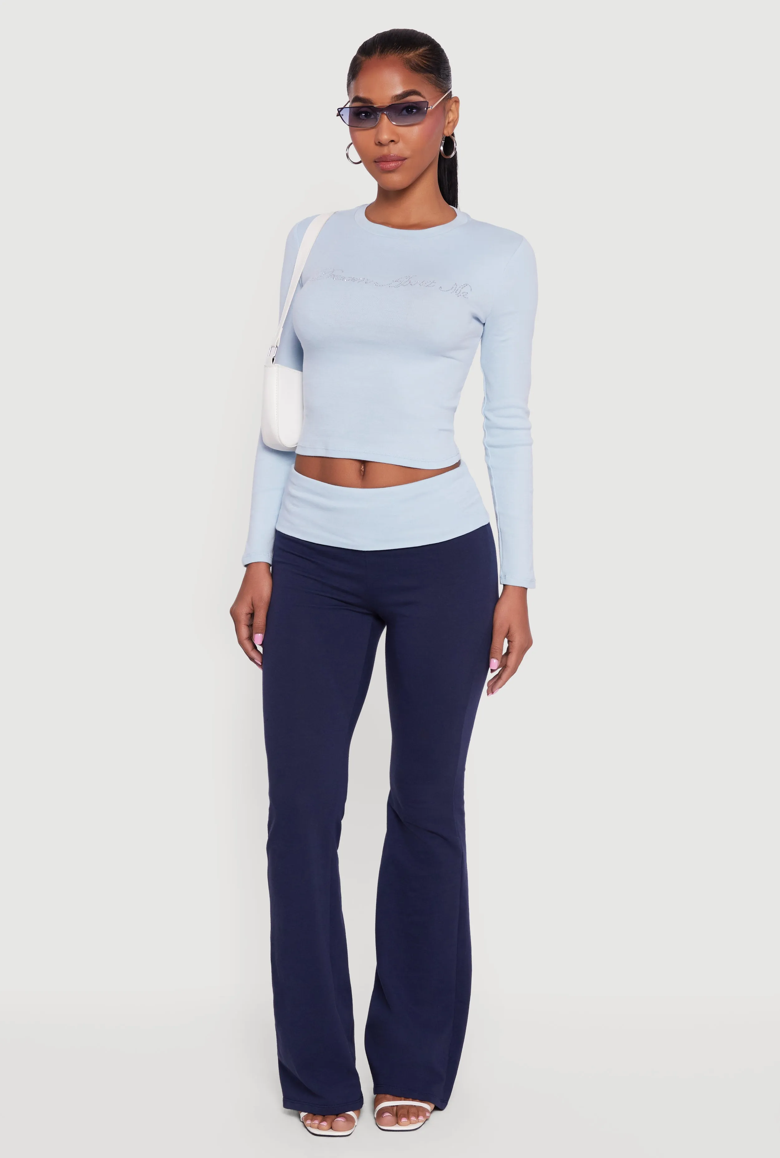 Color Blocked Fold Over Flare Leg Pants sold by Rainbow