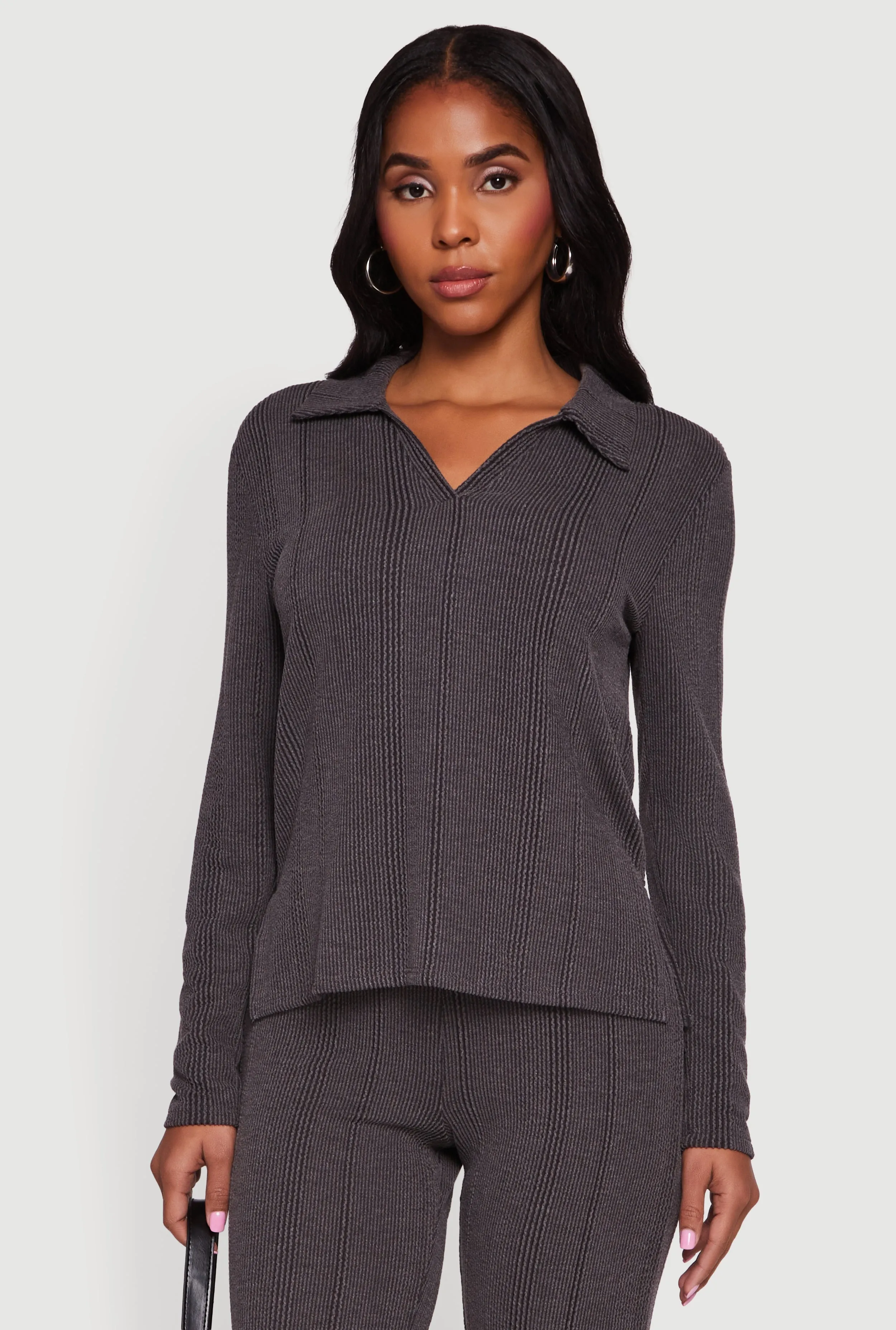 Ribbed Knit Long Sleeve Johnny Collar Polo Shirt sold by Rainbow