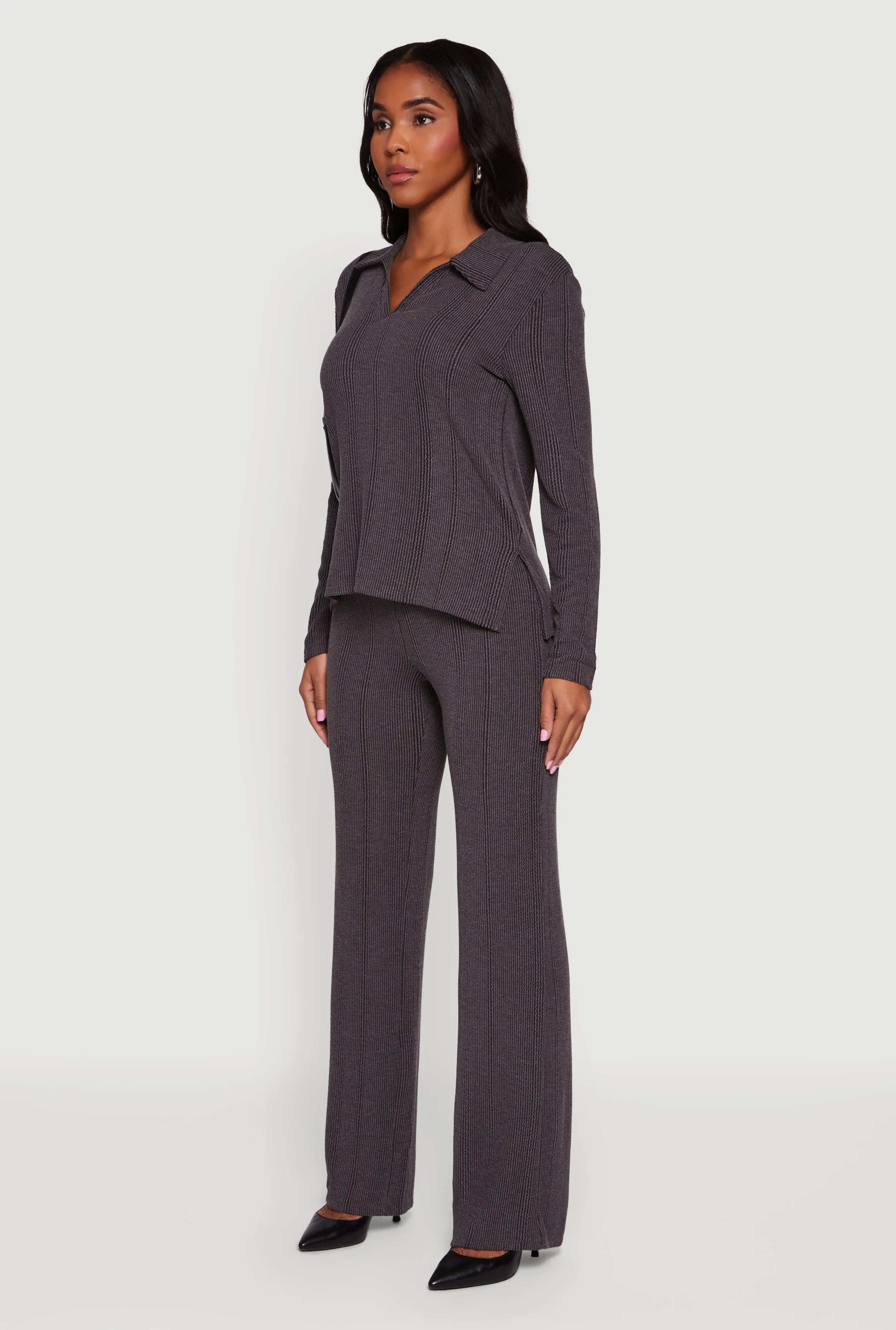 Ribbed Knit Long Sleeve Johnny Collar Polo Shirt sold by Rainbow product image thumbnail 5