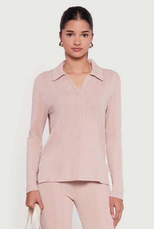 Ribbed Knit Long Sleeve Johnny Collar Polo Shirt sold by Rainbow