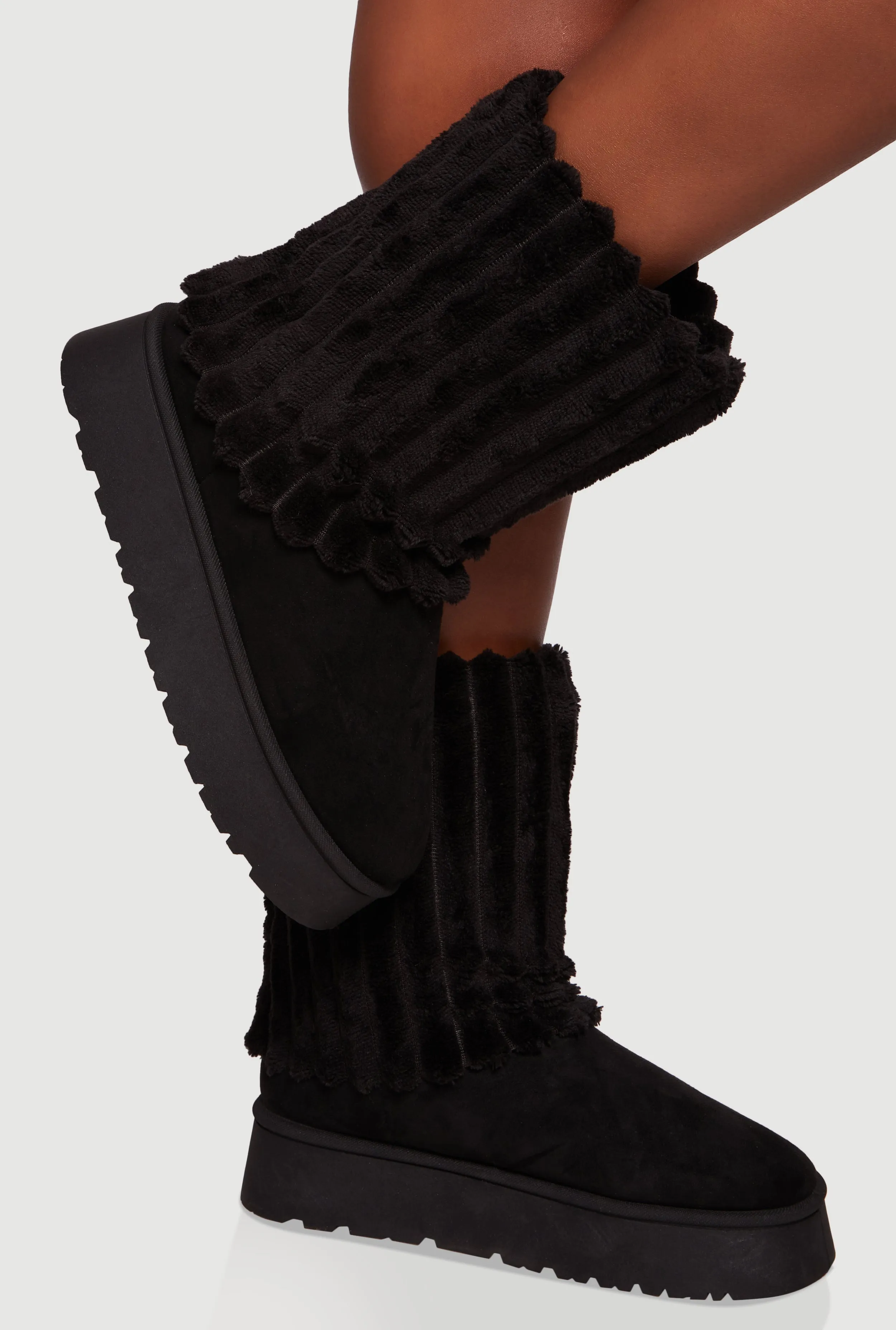 Ribbed Faux Fur Round Toe Platform Booties sold by Rainbow