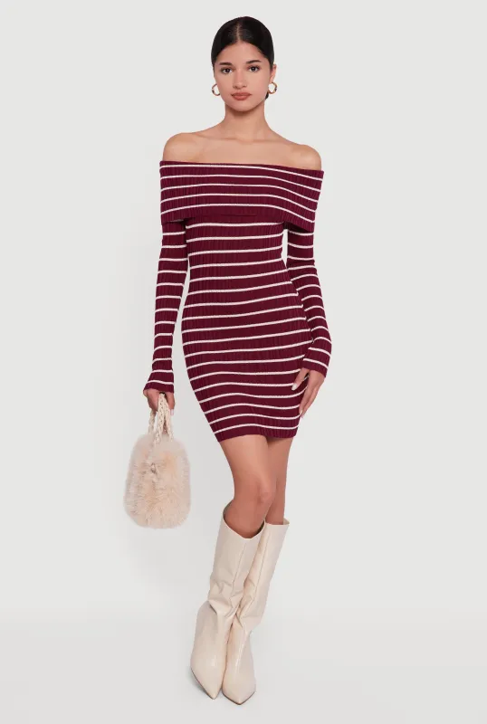 Striped Fold Over Off the Shoulder Bodycon Dress sold by Rainbow