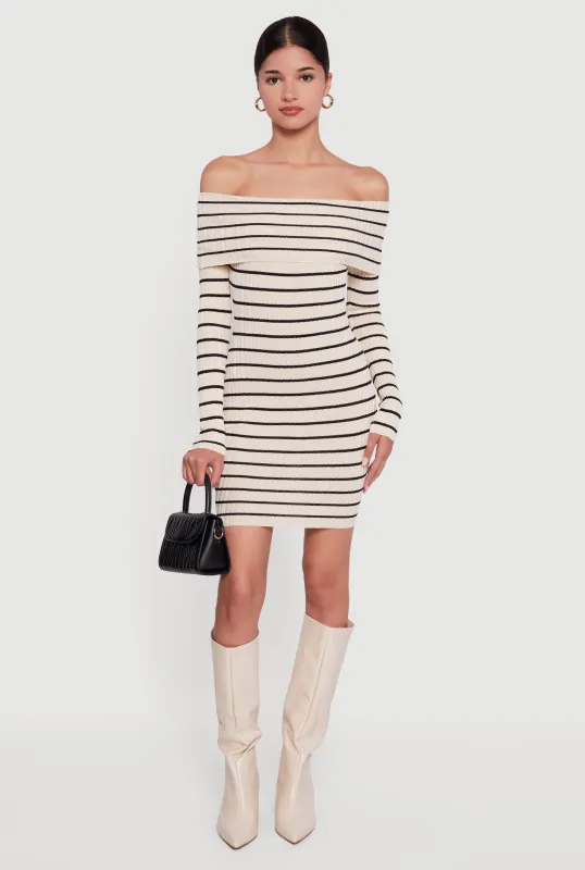 Striped Fold Over Off the Shoulder Bodycon Dress sold by Rainbow
