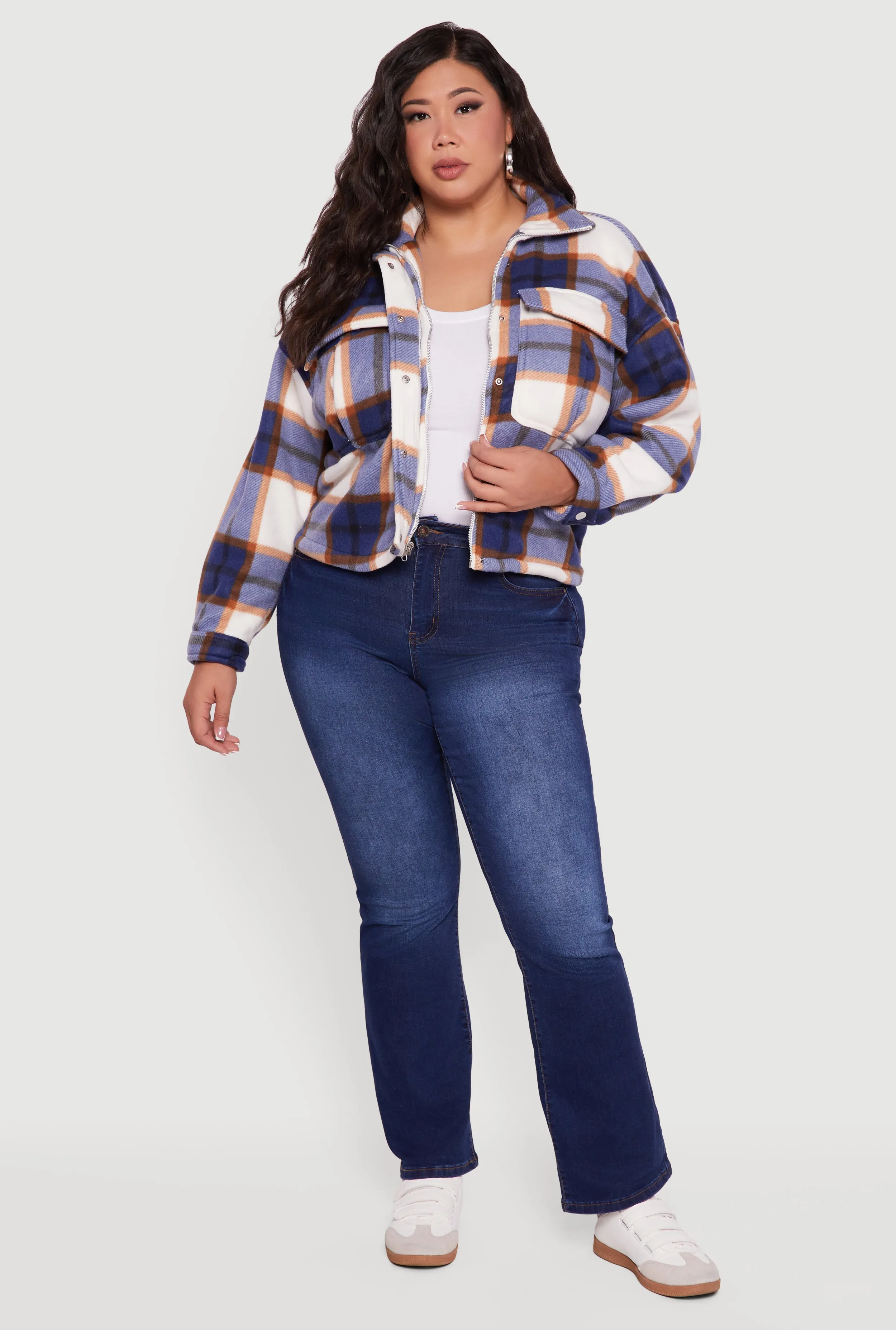 Plus Size Plaid Sherpa Lined Snap Button Front Shacket sold by Rainbow