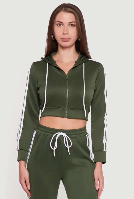 Contrast Trim Hooded Zip Front Cropped Hoodie sold by Rainbow