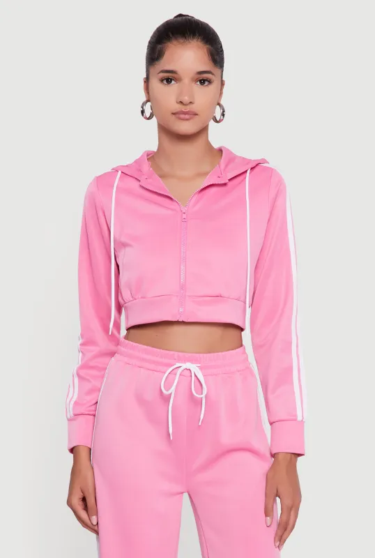 Contrast Trim Hooded Zip Front Cropped Hoodie sold by Rainbow