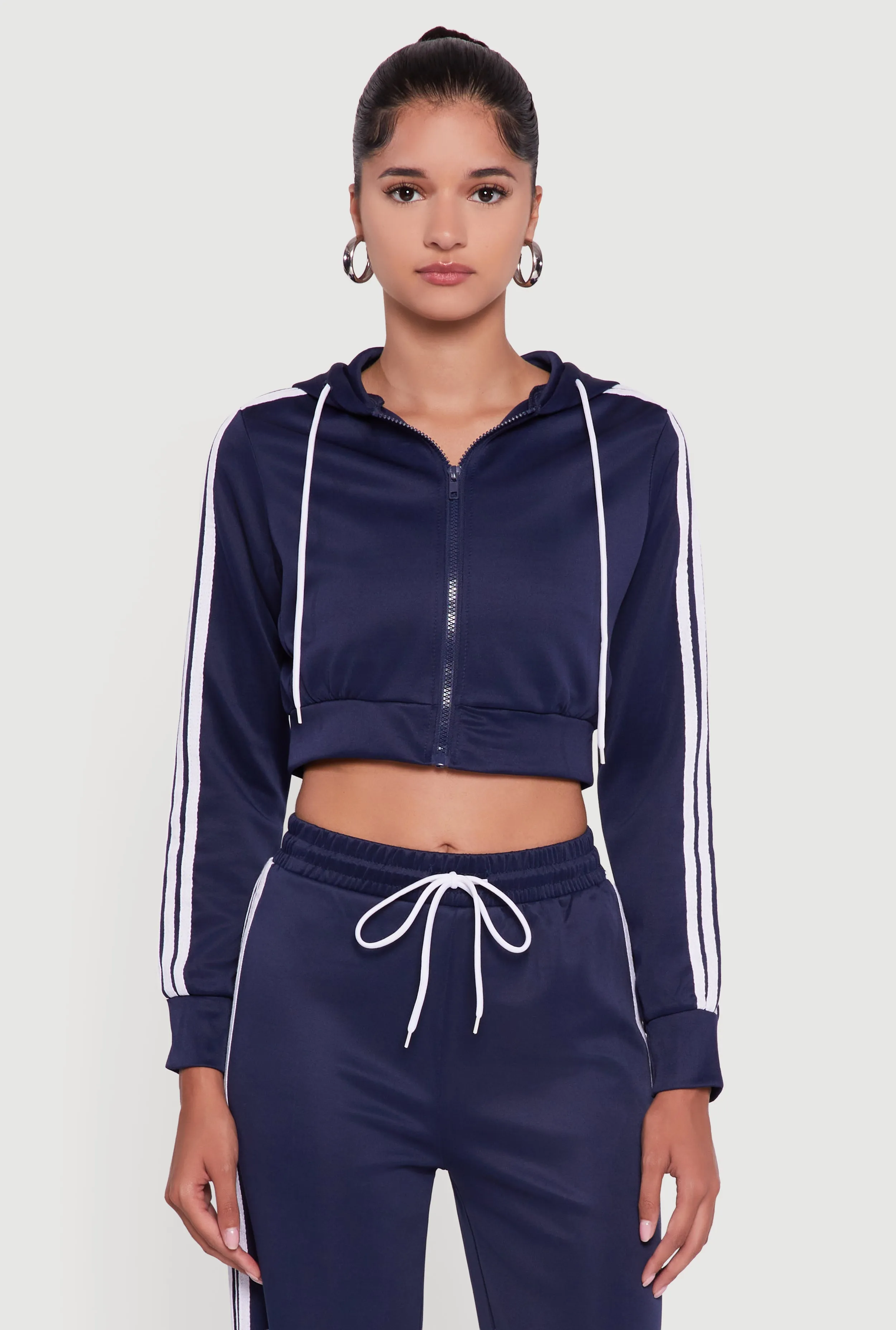Contrast Trim Hooded Zip Front Cropped Hoodie sold by Rainbow