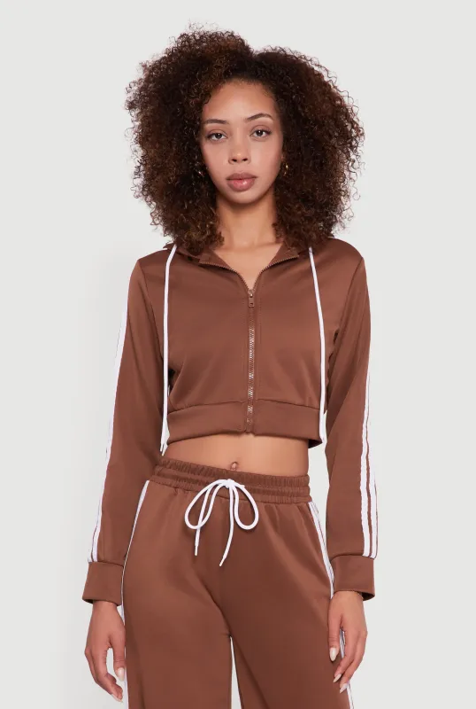 Contrast Trim Hooded Zip Front Cropped Hoodie sold by Rainbow