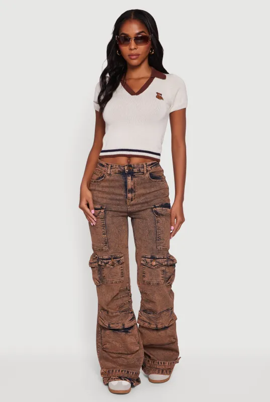 Teddy Bear Graphic Contrast Trim Cropped Polo Sweater sold by Rainbow