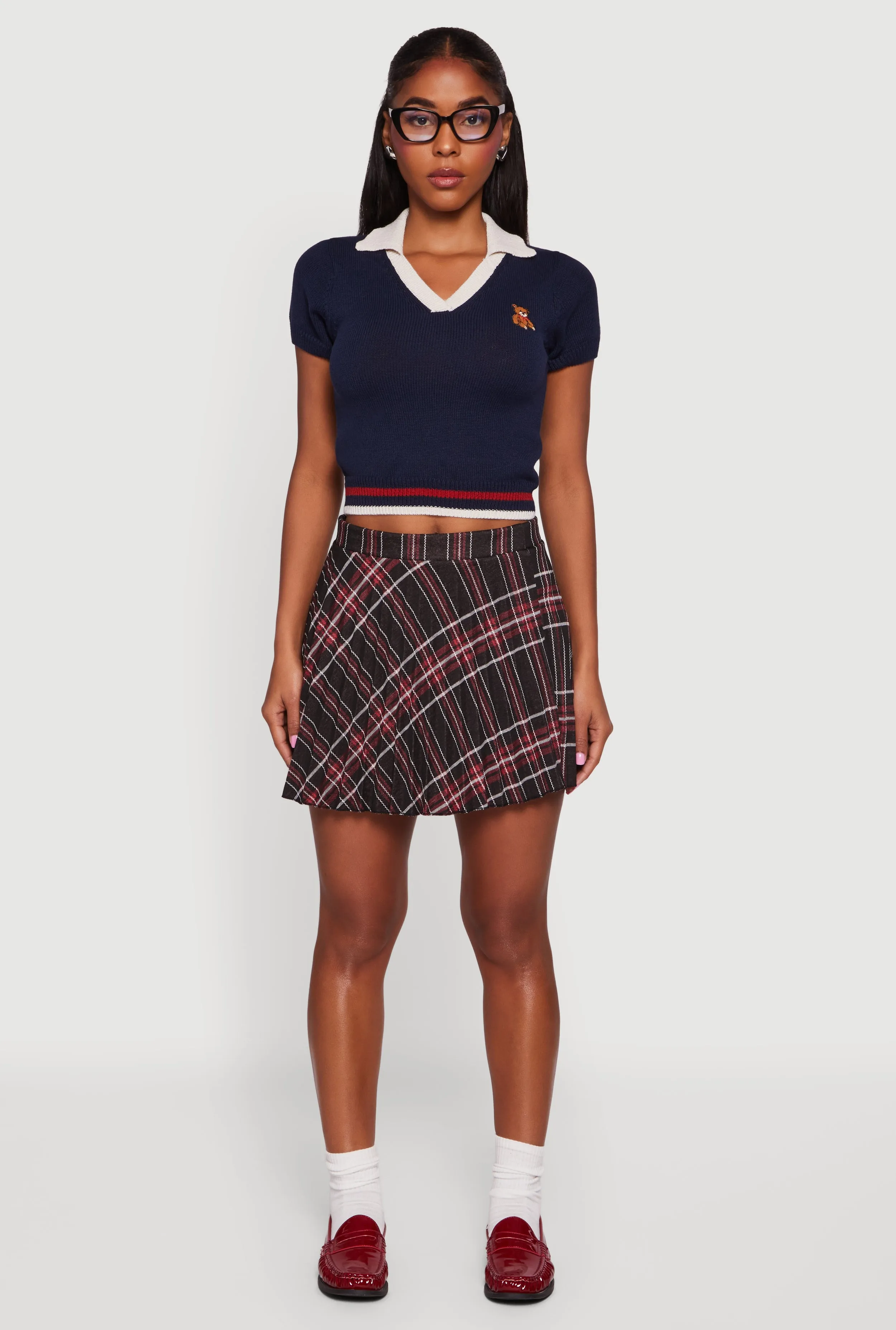 Teddy Bear Graphic Contrast Trim Cropped Polo Sweater sold by Rainbow product image thumbnail 3