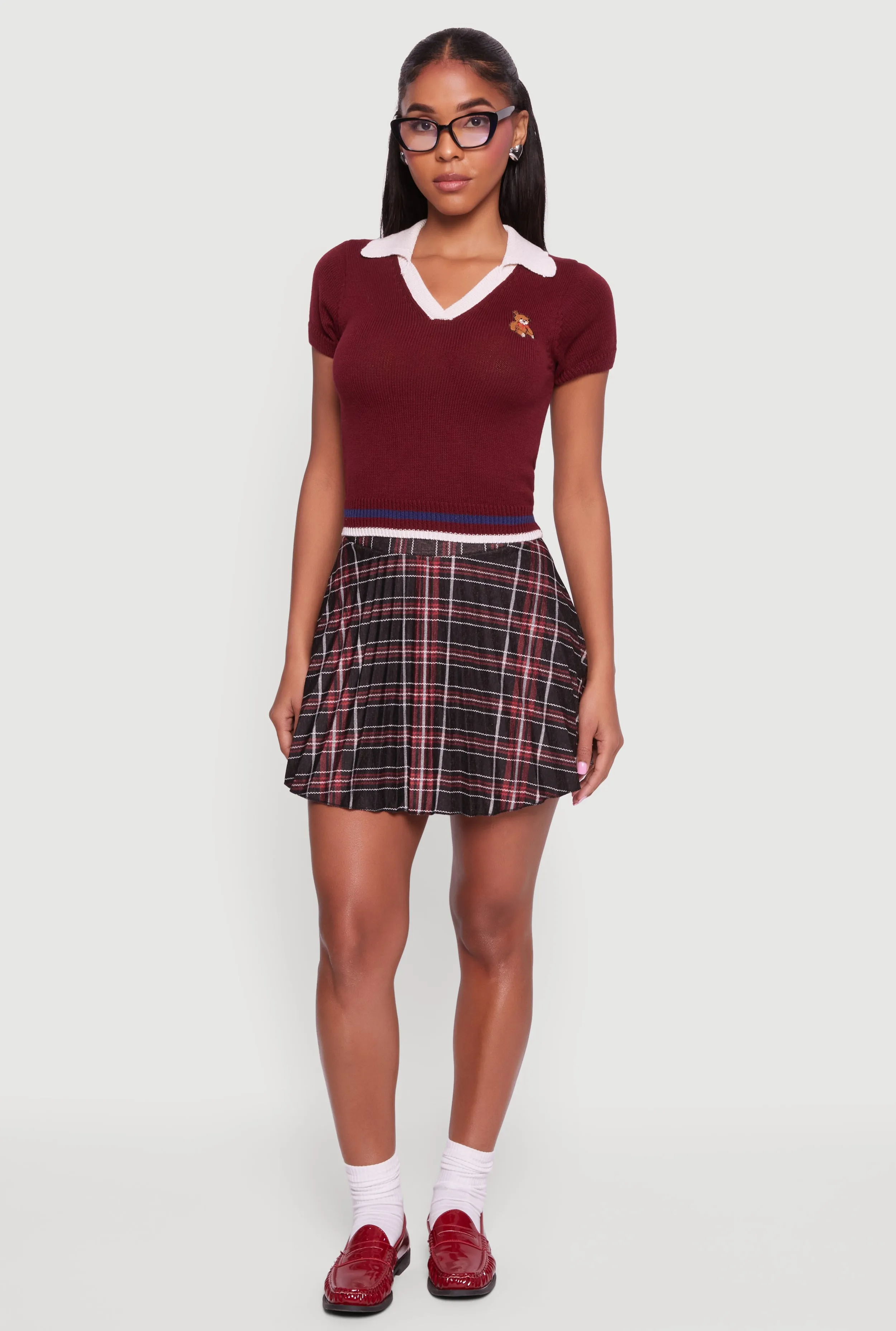 Teddy Bear Graphic Contrast Trim Cropped Polo Sweater sold by Rainbow product image thumbnail 2