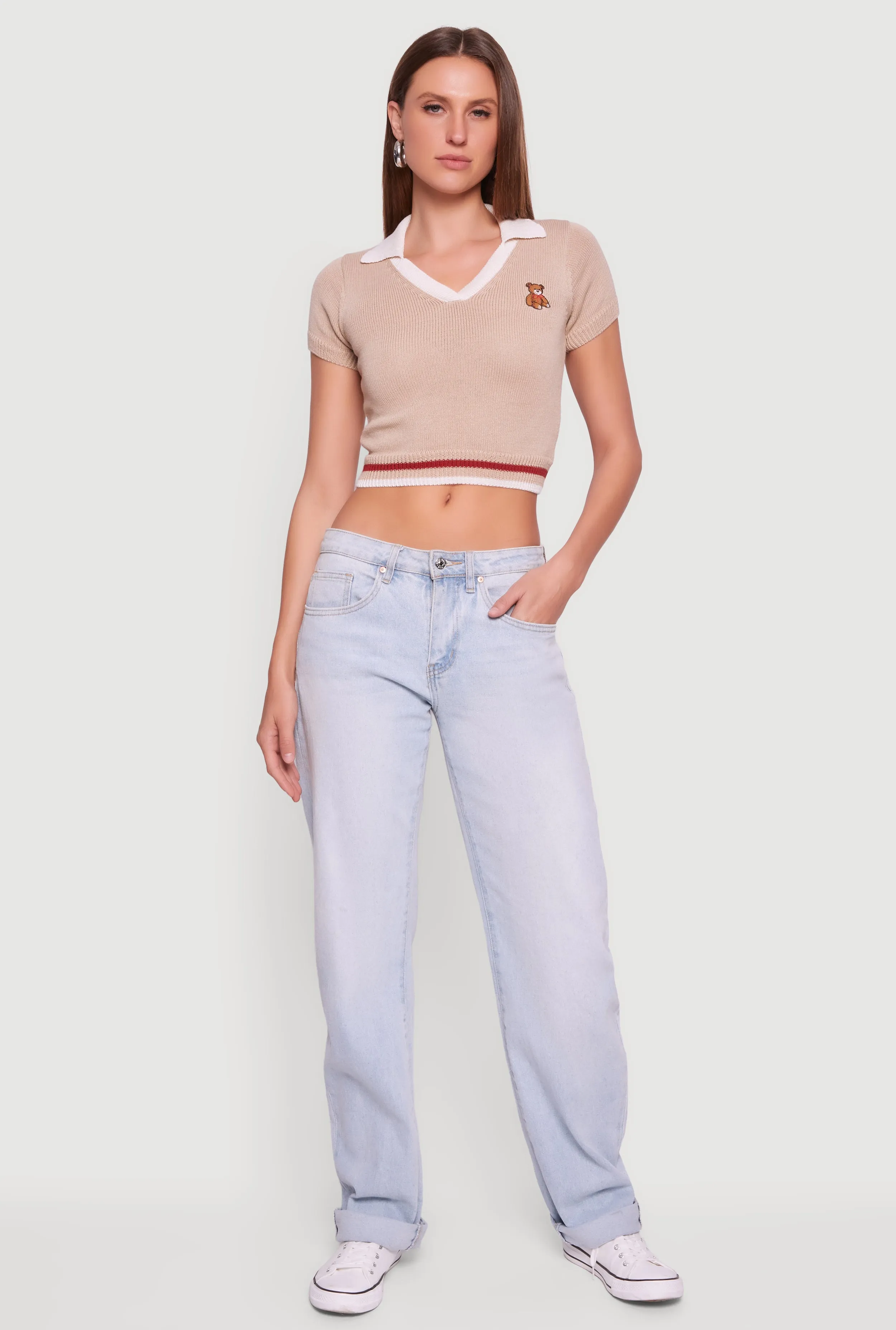 Teddy Bear Graphic Contrast Trim Cropped Polo Sweater sold by Rainbow product image thumbnail 4