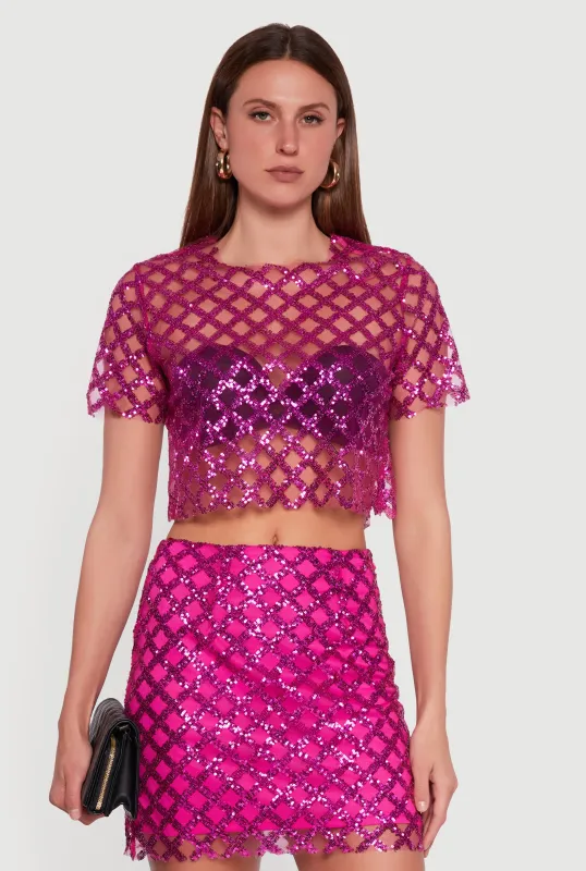 Geometric Sequin Mesh Crop Top sold by Rainbow