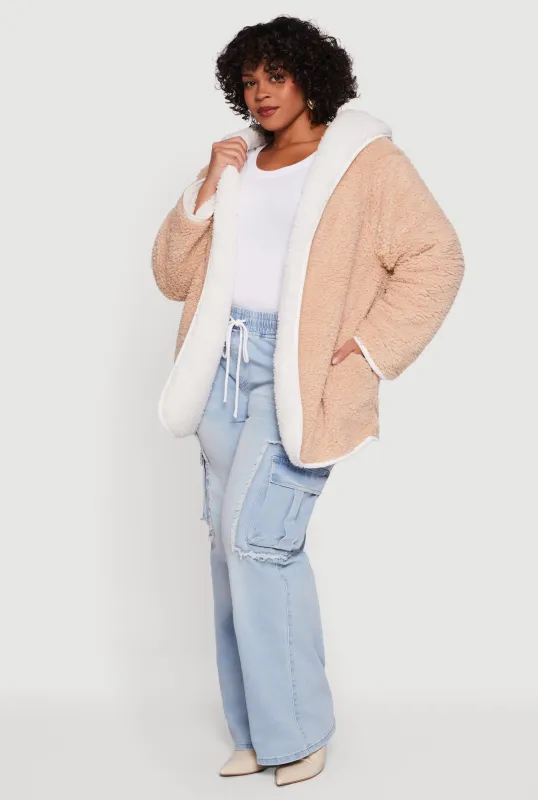 Plus Size Reversible Hooded Open Front Sherpa Jacket sold by Rainbow