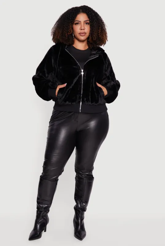 Plus Size Pom Pom Drawstring Hooded Faux Fur Jacket sold by Rainbow