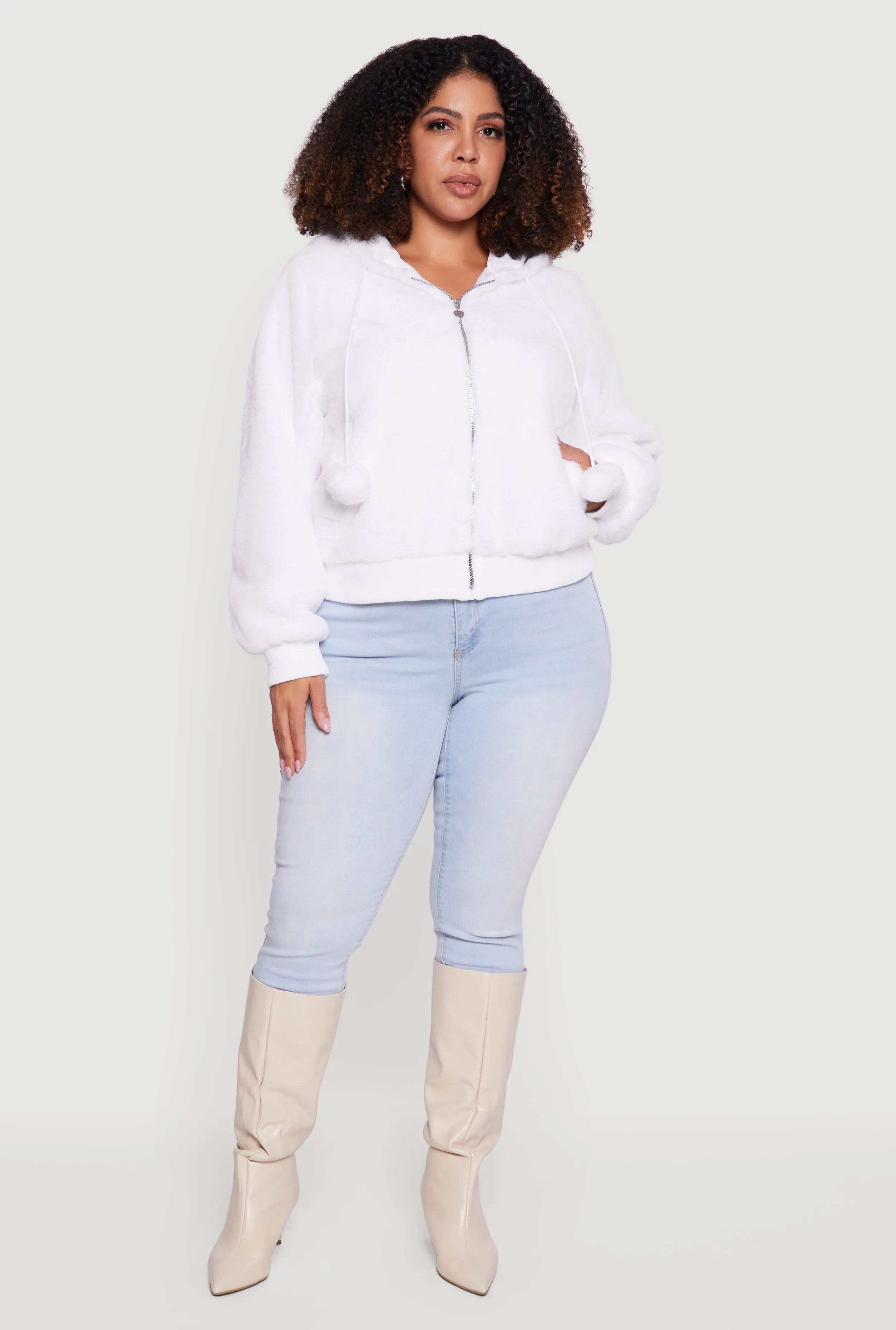 Plus Size Pom Pom Drawstring Hooded Faux Fur Jacket sold by Rainbow product image thumbnail 2