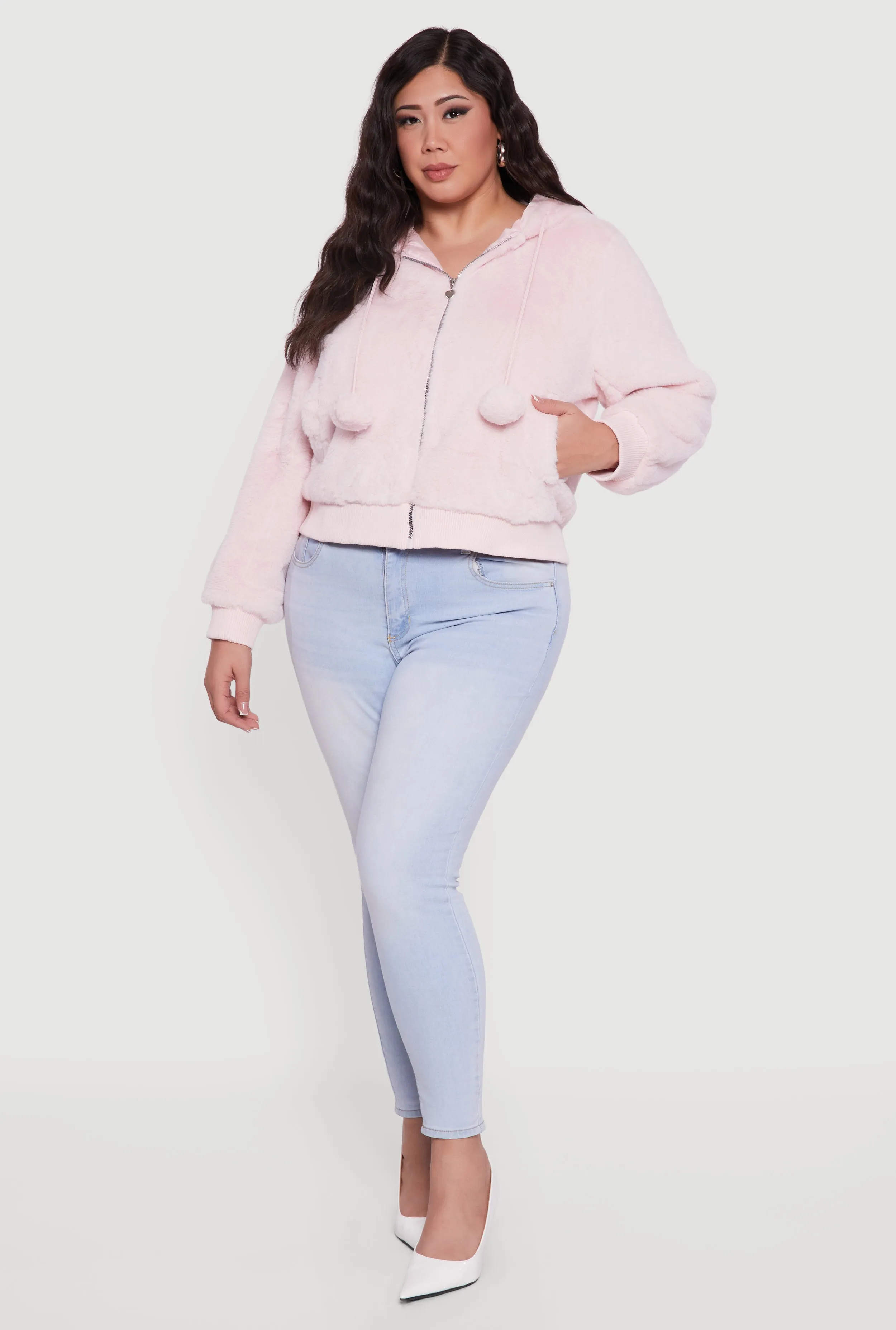 Plus Size Pom Pom Drawstring Hooded Faux Fur Jacket sold by Rainbow product image thumbnail 3