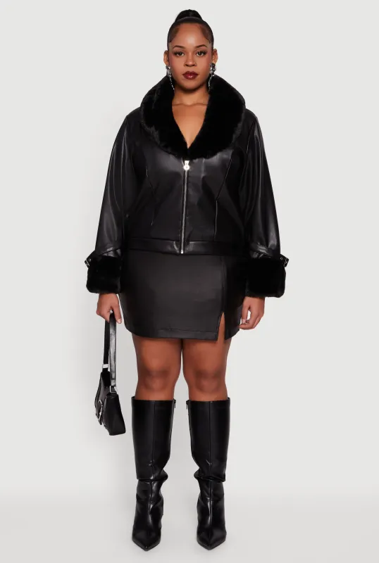 Plus Size Faux Leather Jacket with Faux Fur Trim sold by Rainbow