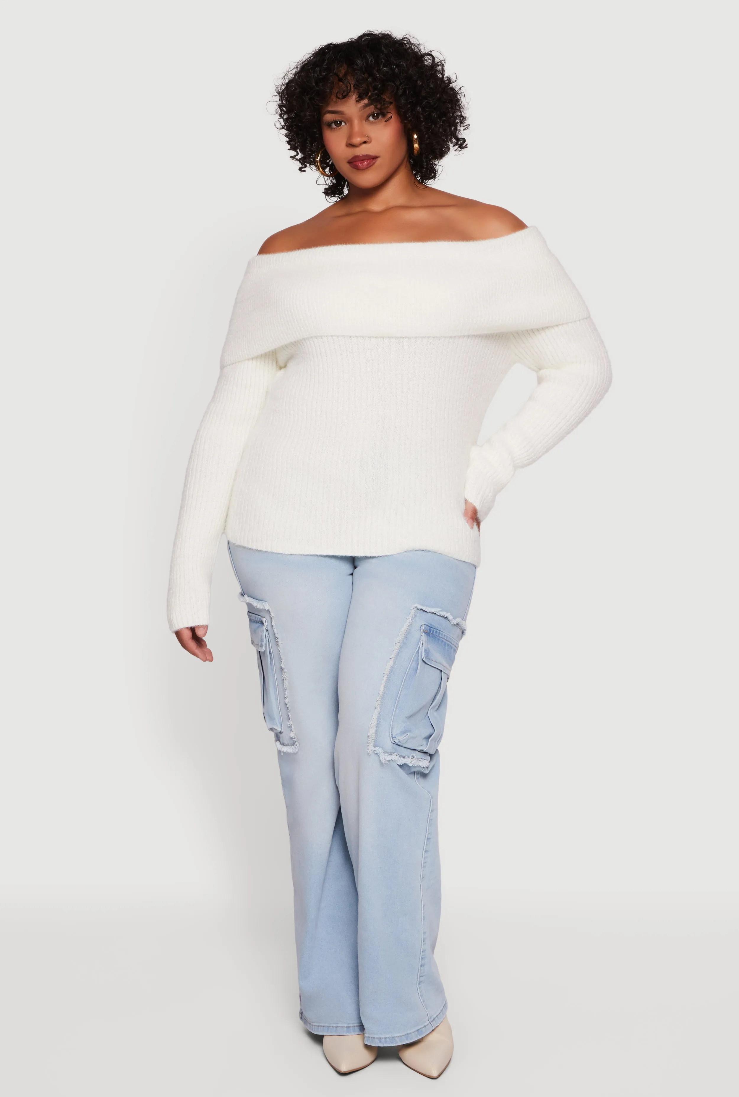 Plus Size Fold Over Off the Shoulder Eyelash Knit Sweater sold by Rainbow product image thumbnail 3