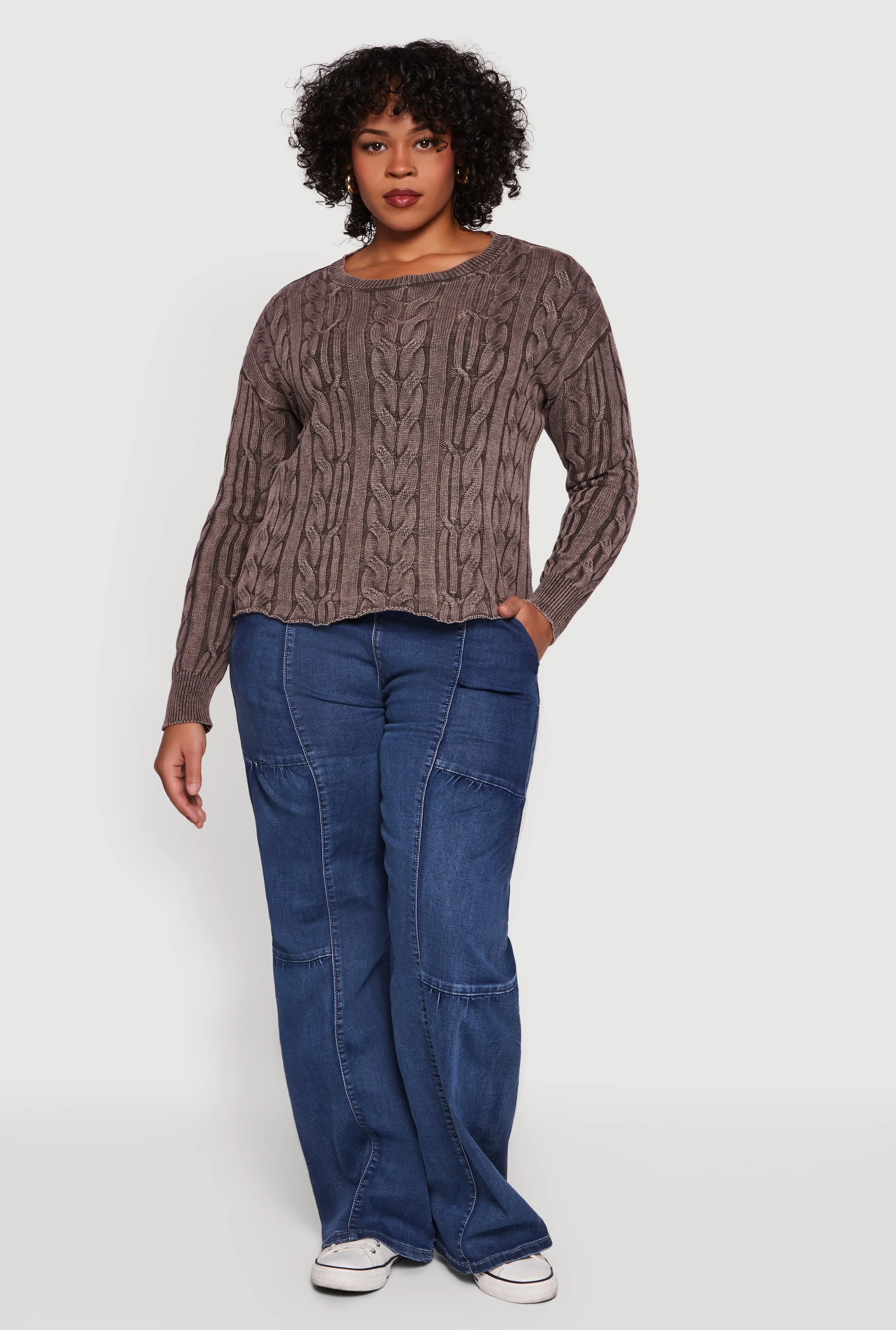 Plus Size Long Sleeve Cable Knit Crew Neck Sweater sold by Rainbow product image thumbnail 4